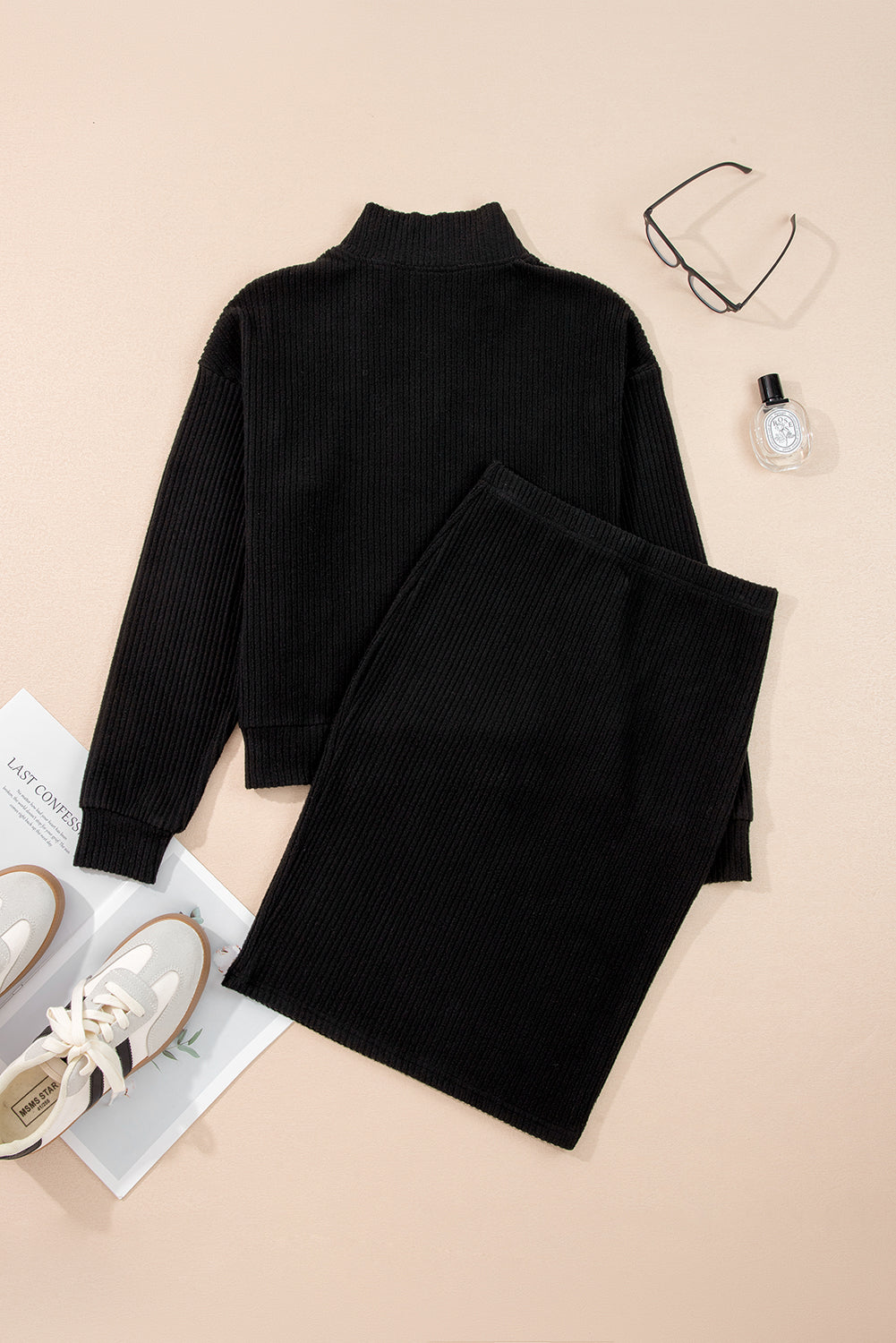 Black Ribbed Zip Stand Neck Drop Shoulder Pullover Bodycon Skirt 2pcs Set Dear-Lover Dropshipping