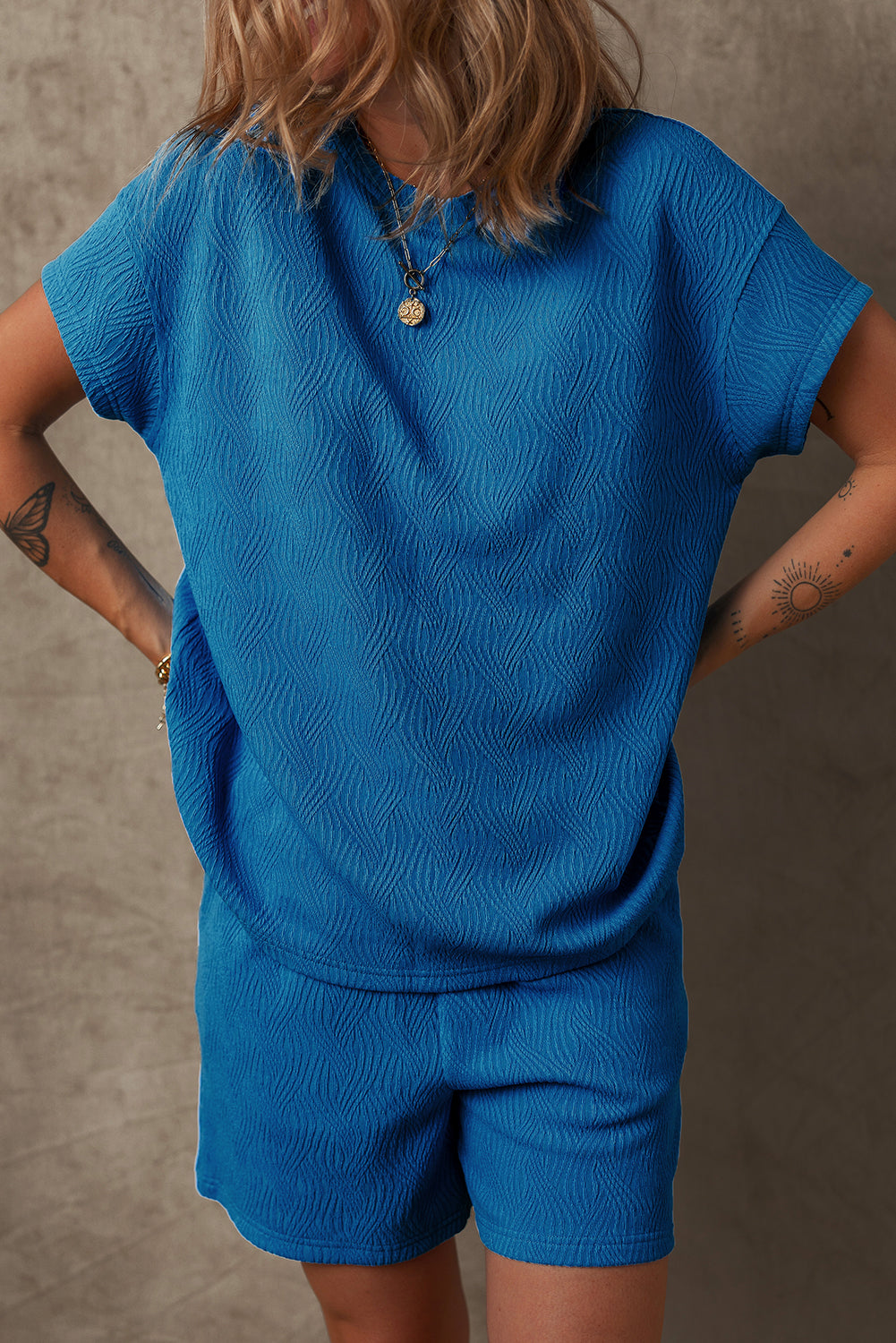 Bluing Solid Textured Crew Neck Short Set Co-ord eAura
