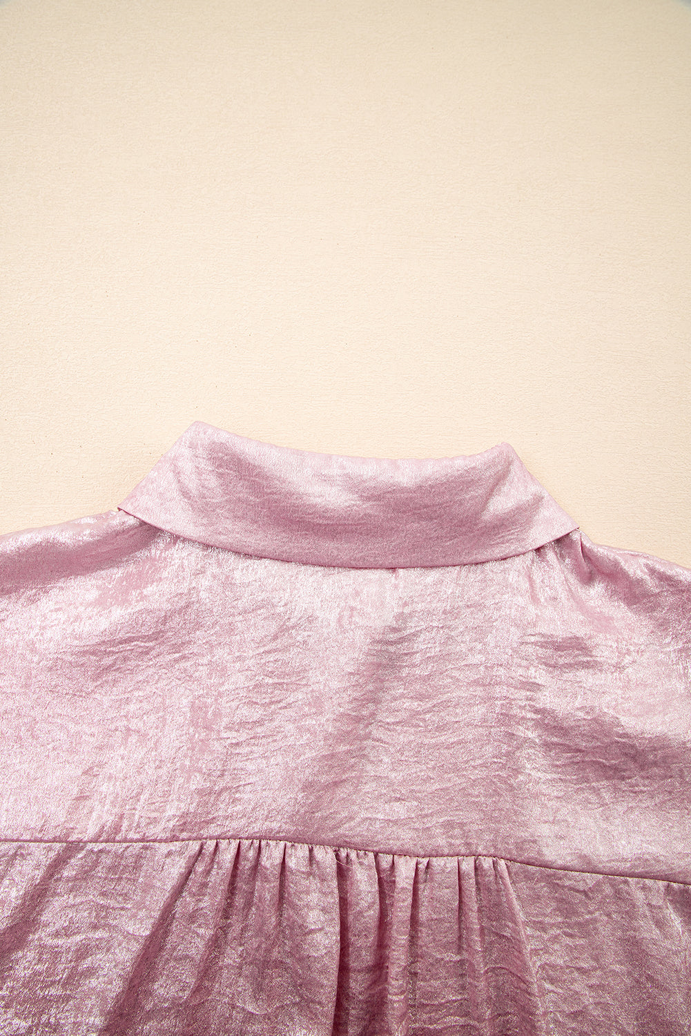 Pink Metallic Sheen Short Sleeve Buttoned Front Casual Shirt BB Fashion Outlet