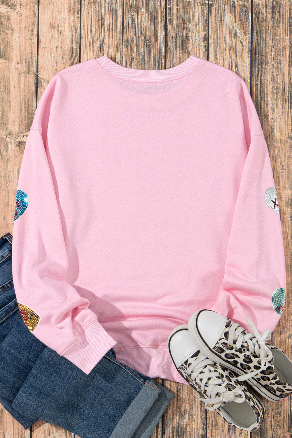Pink Sequin Romantic Letters Heart Graphic Valentines Sweatshirt eAura