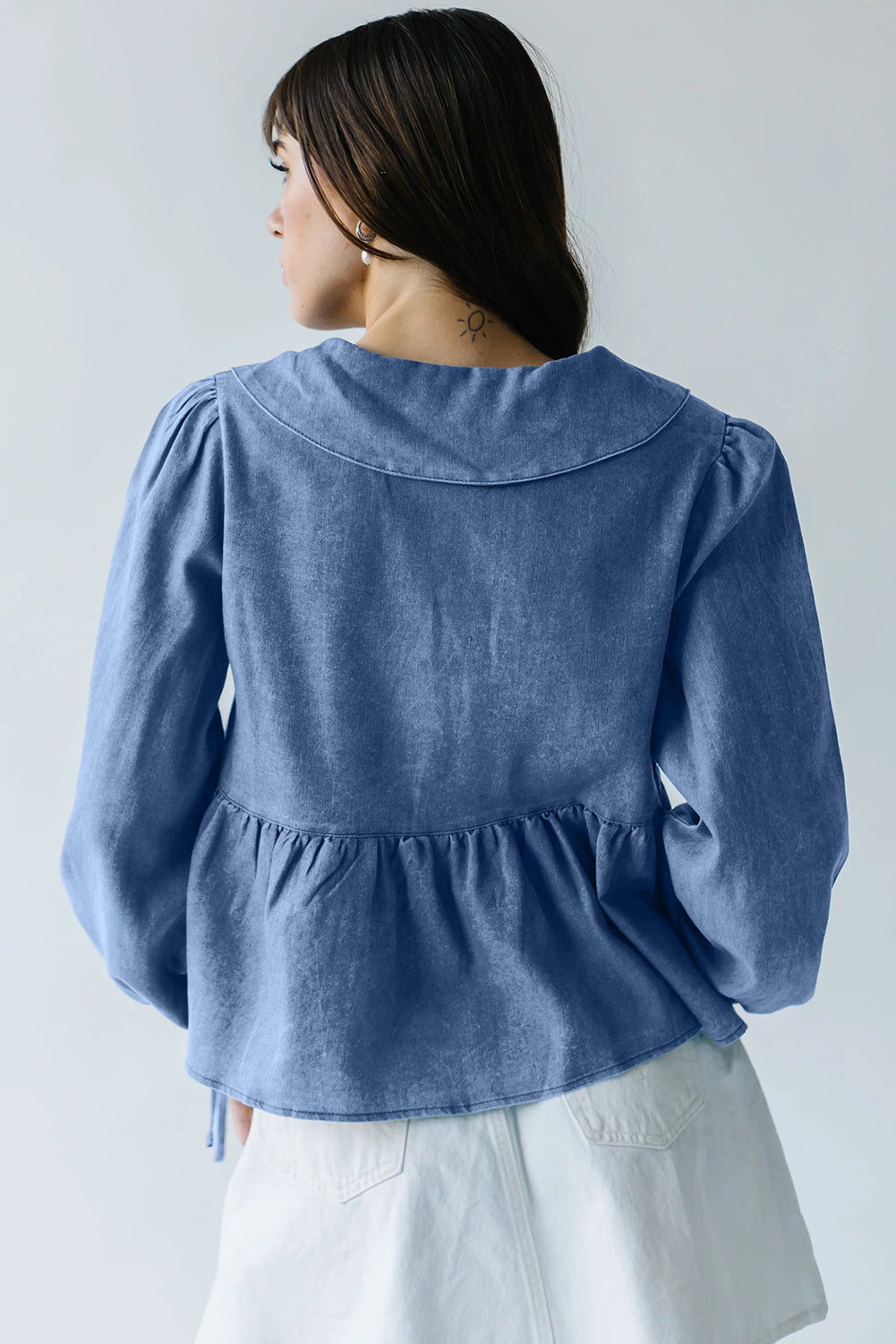 Dusk Blue Denim Lapel Neck Balloon Sleeve Tied Peplum Top Dear-Lover Dropshipping