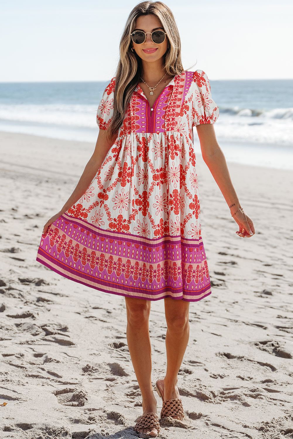 Rose Boho Floral Short Sleeve Lace-up V Neck Mini Dress eAura