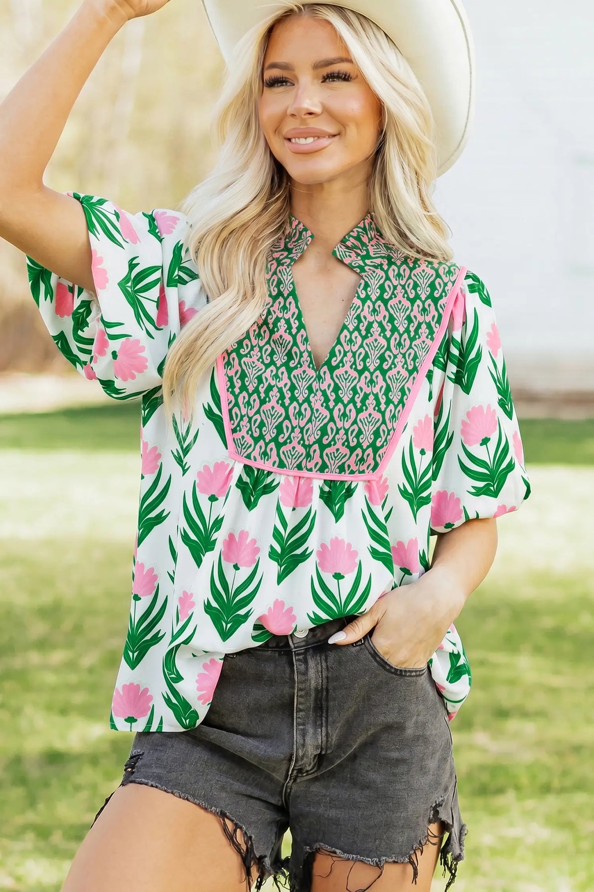 Floral Print Puff Sleeve Contrast Bordered V Neck Blouse – Multicolour