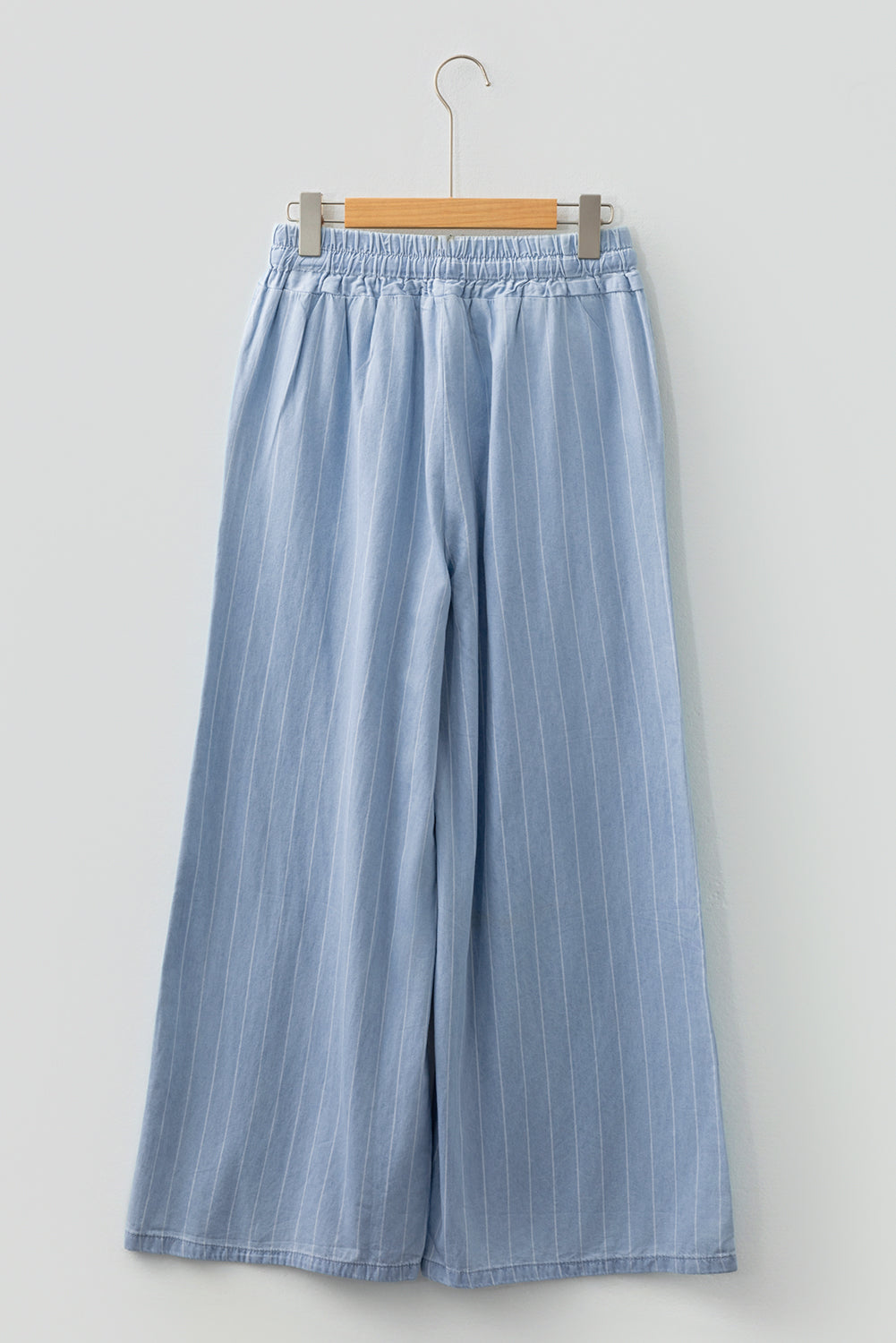 Stripe Chambray Wide Leg Tied Elastic Waist Trousers - eAura
