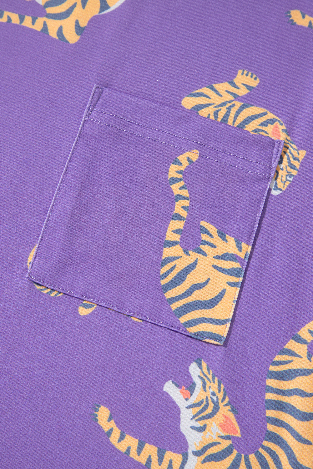 Purple Allover Tiger Printed Patch Pocket Loose T Shirt eAura