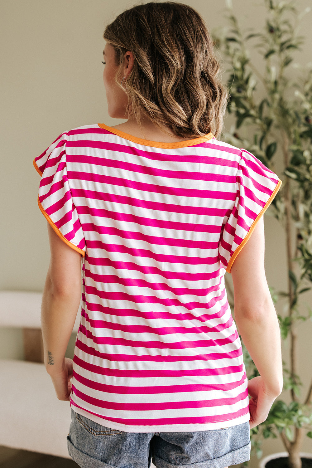 Rose Red Striped Ruffle Sleeve Crew Neck Blouse eAura