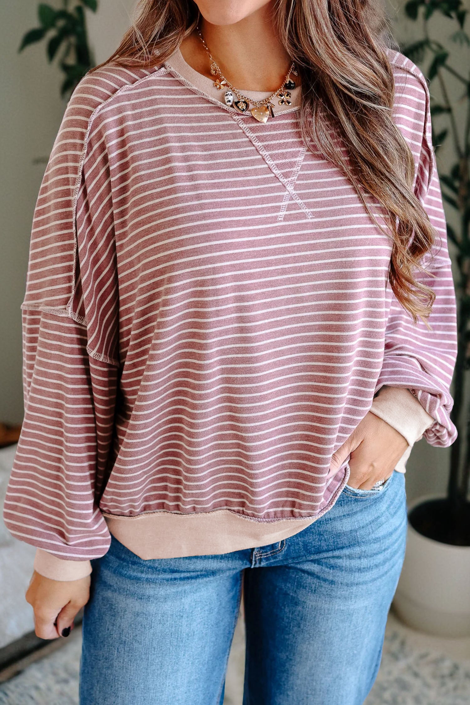Stripe Exposed Stitching Long Sleeve Top - Pink / L - Tops/Long Tops