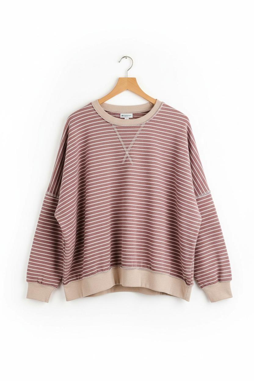 Stripe Exposed Stitching Long Sleeve Top - Tops/Long Tops