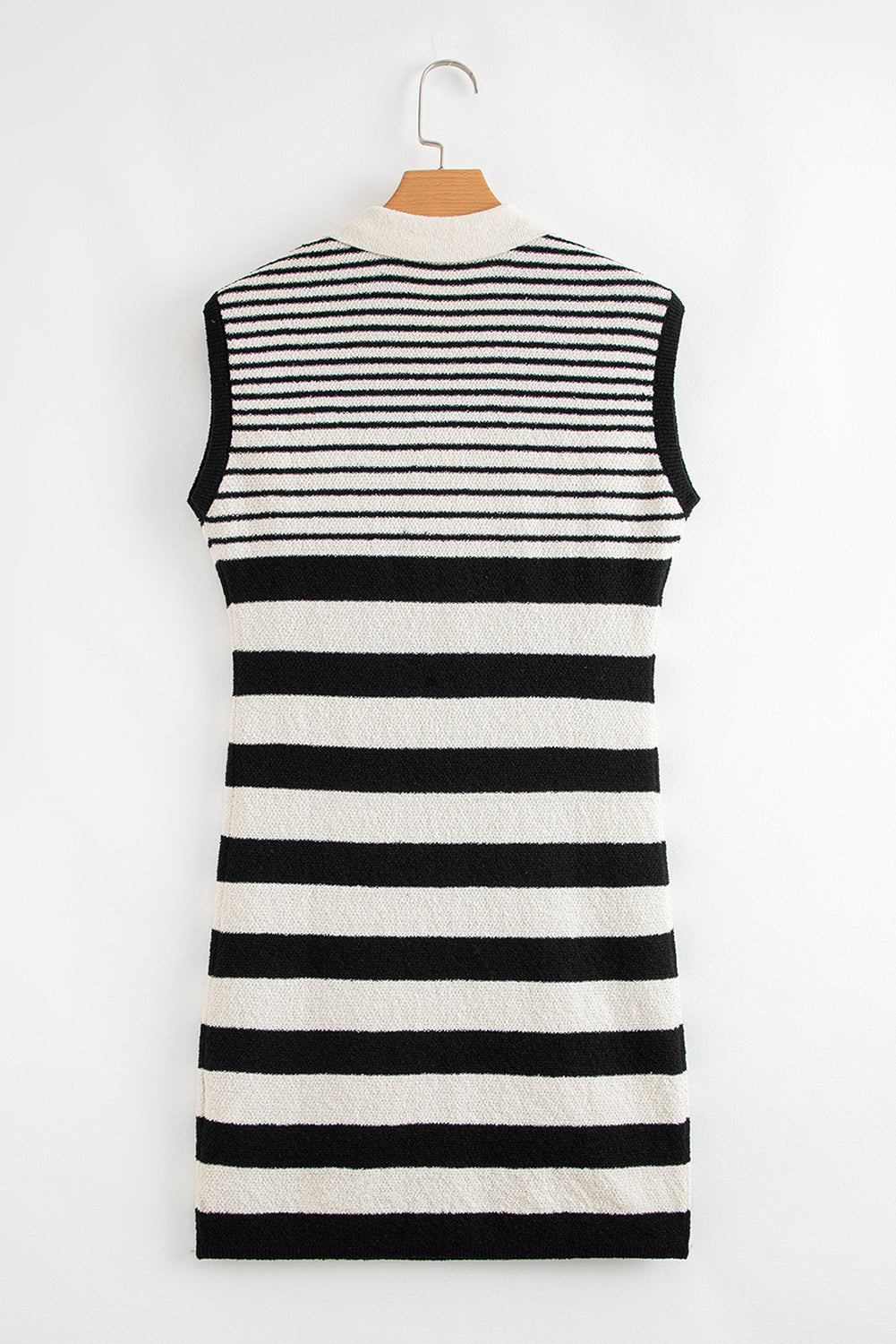 Black Mixed Striped Print Half Placket Collared Cap Sleeve Bodycon Sweater Dress eAura