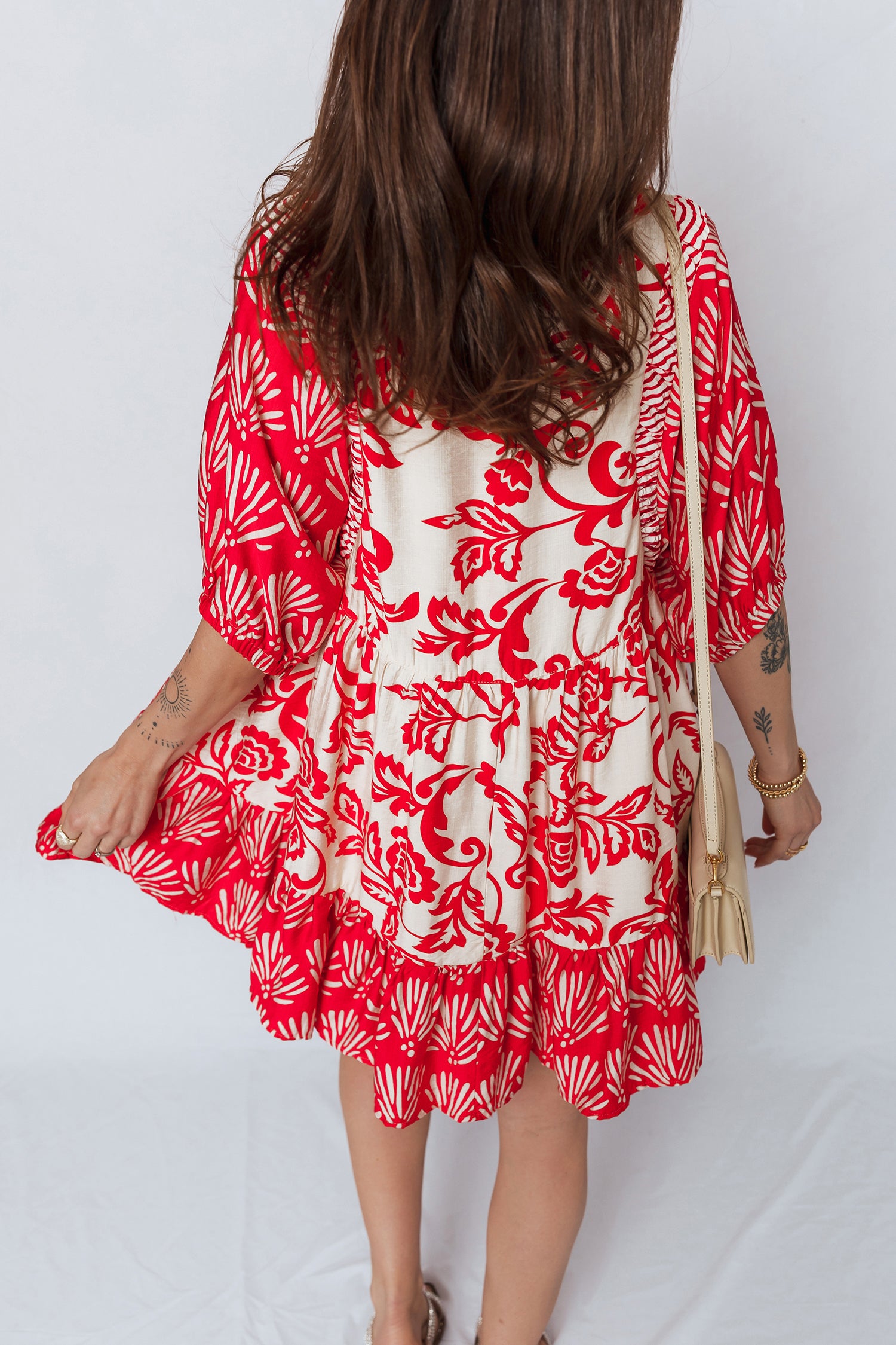 Collared V-Neck Half Sleeve Loose Floral Mini Dress