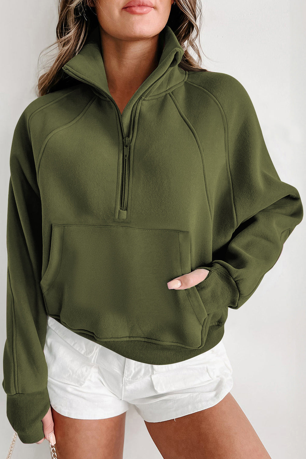 Brown Fleece Lined Zip Up Stand Collar Thumbhole Sleeve Sweatshirt eAura