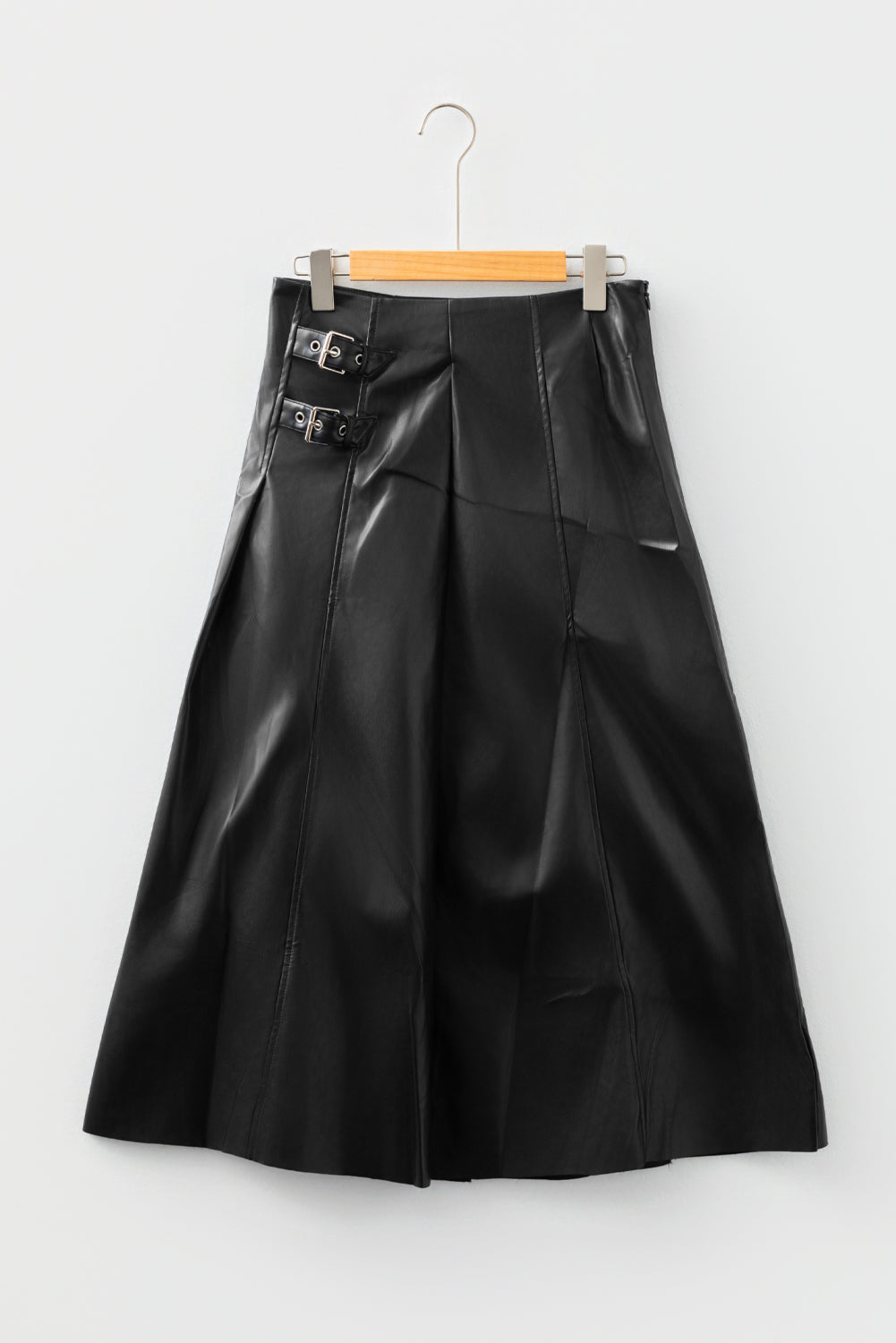 Black Faux Leather Retro Buckle Detail Pleated Flared Midi Skirt - eAura