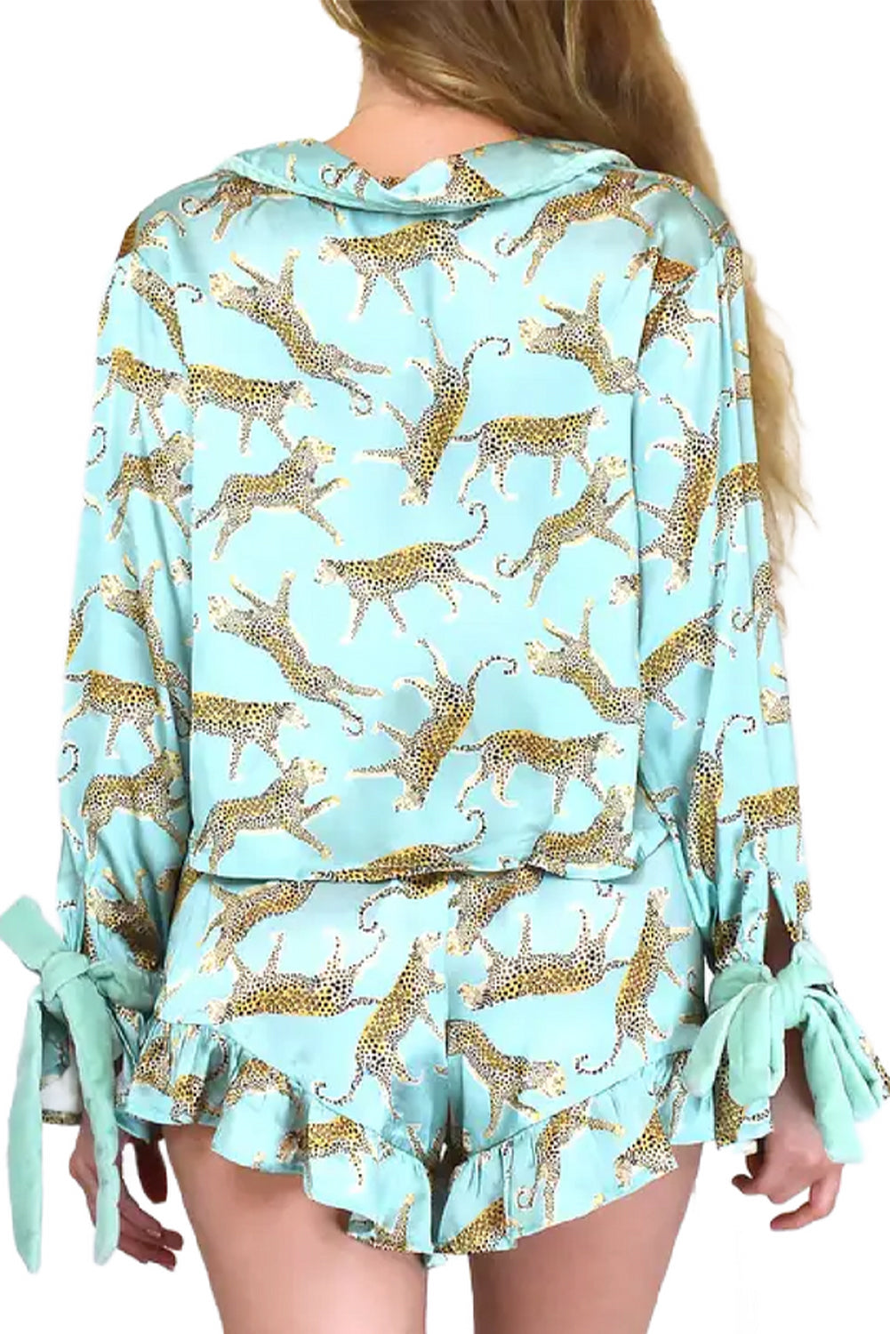 Green Leopard Satin Ruffle Pyjama Short Set eAura