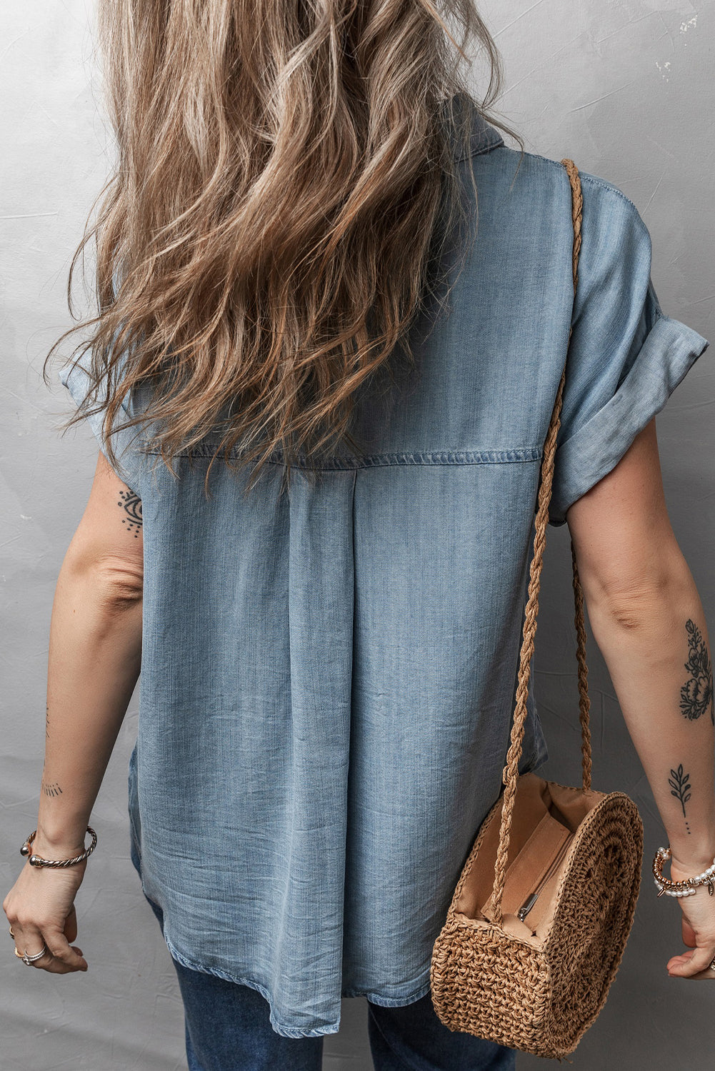 Dusk Blue Folded Short Sleeve Patched Pocket Denim Shirt eAura
