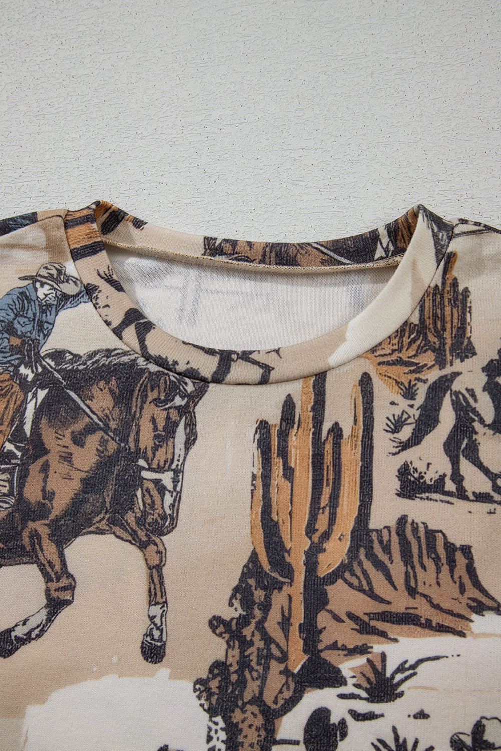 Khaki Western Cowboy Print Cuffed Sleeve Crewneck T Shirt eAura