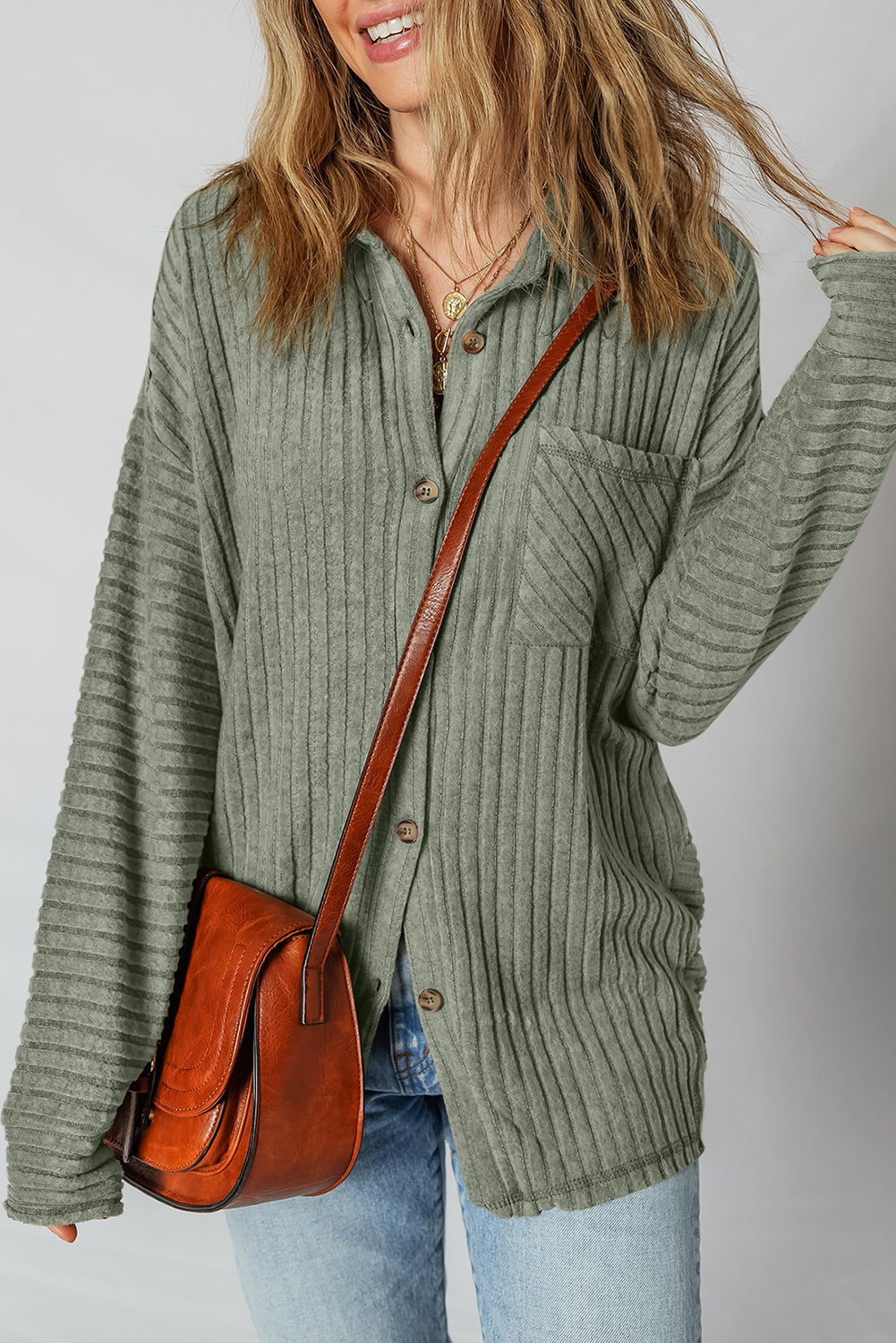 Green Thermal Ribbed Texture Drop Shoulder Button Up Shacket - eAura