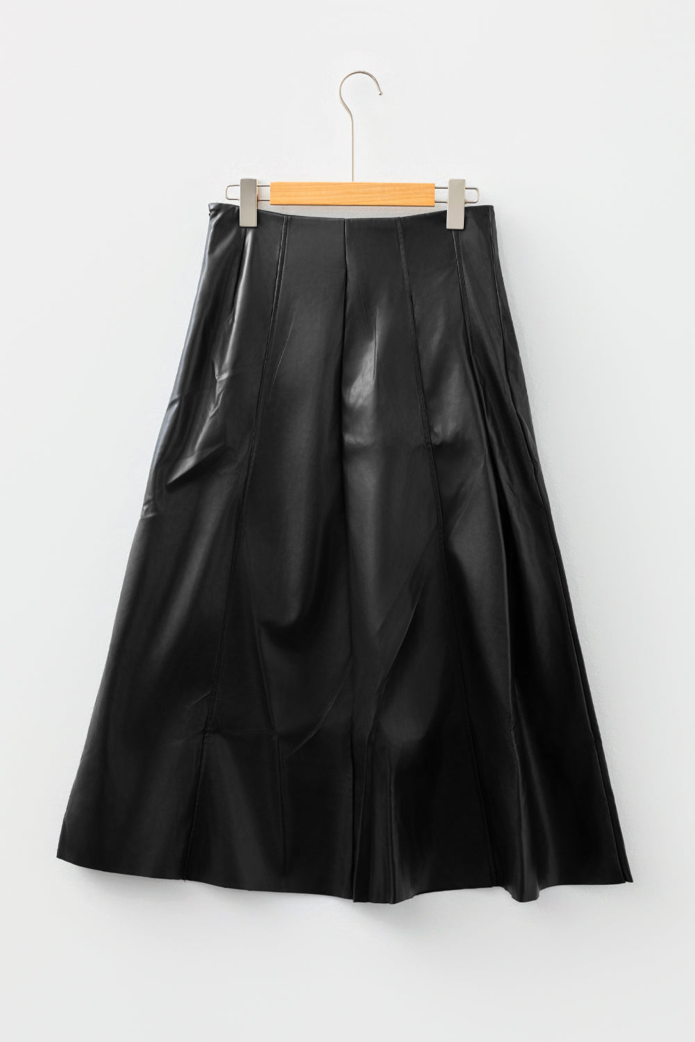 Black Faux Leather Retro Buckle Detail Pleated Flared Midi Skirt - eAura