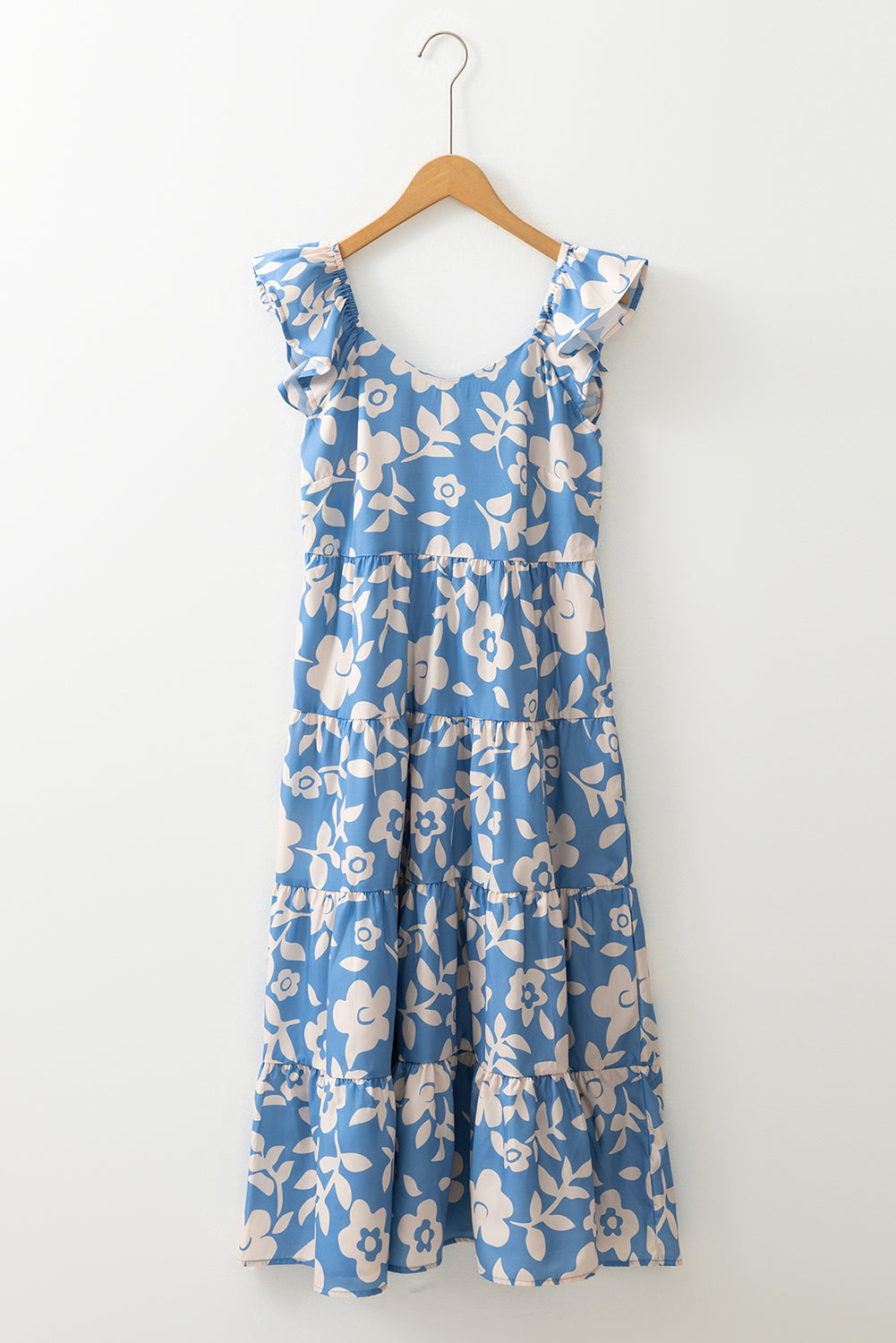 Sky Blue Floral U Neck Flutter Shoulder Tiered Flowy Midi Dress eAura