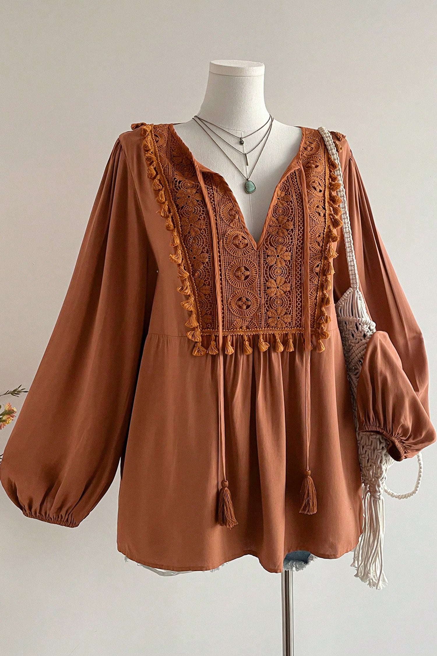 Boho V Neck Embroidered Tassel Long Sleeve Plus Size Blouse – Chestnut