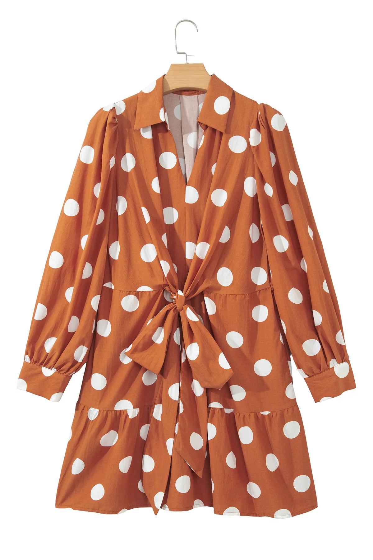Polka Dot Long Sleeve Tie Waist Casual Shift Mini Dress – Brown