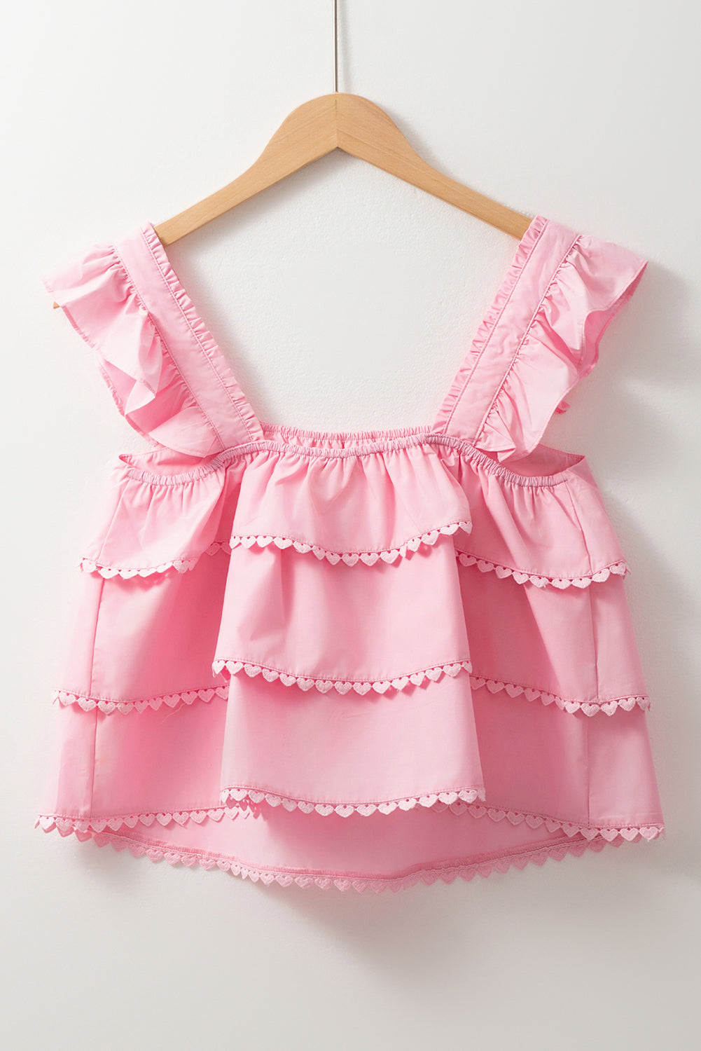 Pink Tiered Heart Trim Square Neck Flutter Top eAura