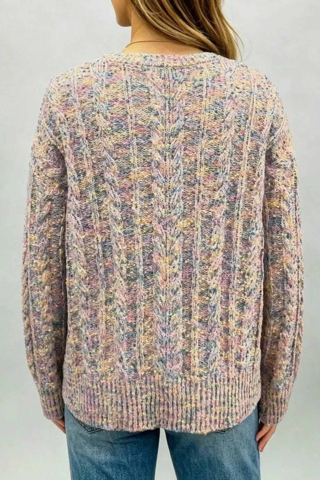 Cozy Cable Knit Round Neck Long Sleeve Confetti Sweater