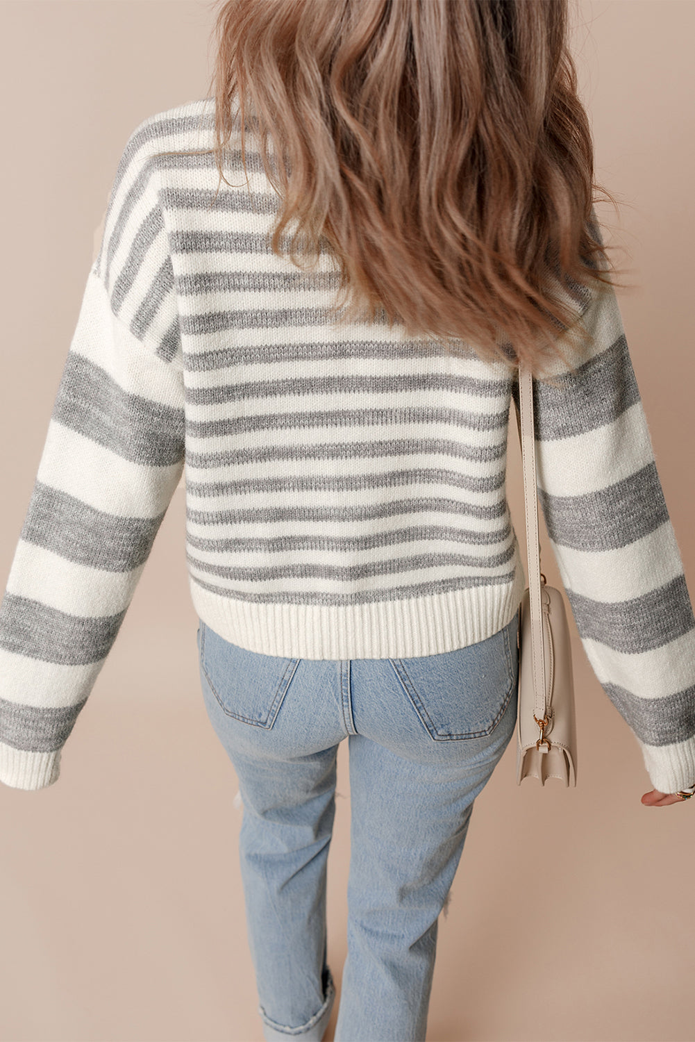 Grey Stripe Drop Shoulder Crew Neck Sweater eAura