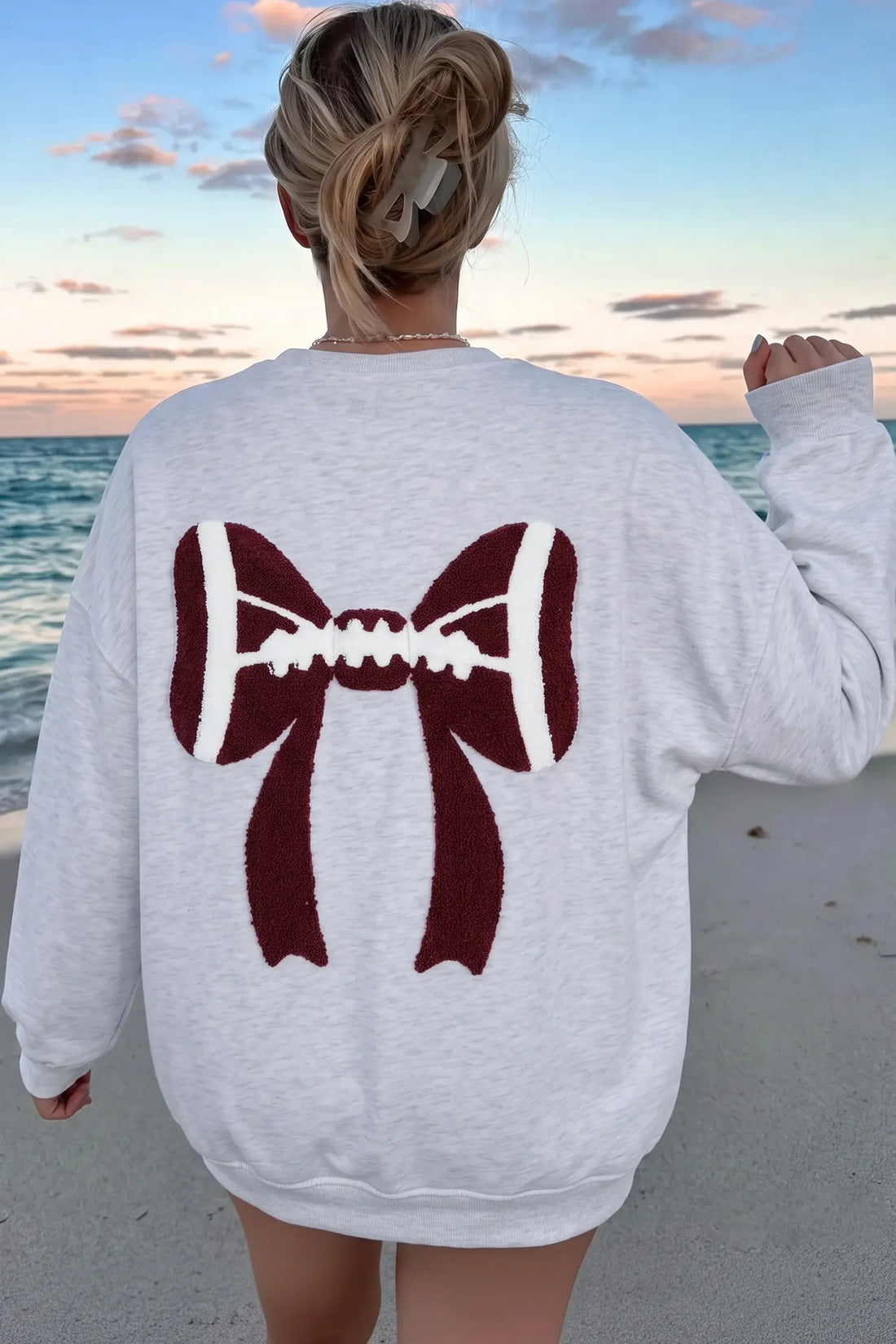 Chenille Embroidered Rugby Bow Game Day Oversized Sweatshirt – Grey