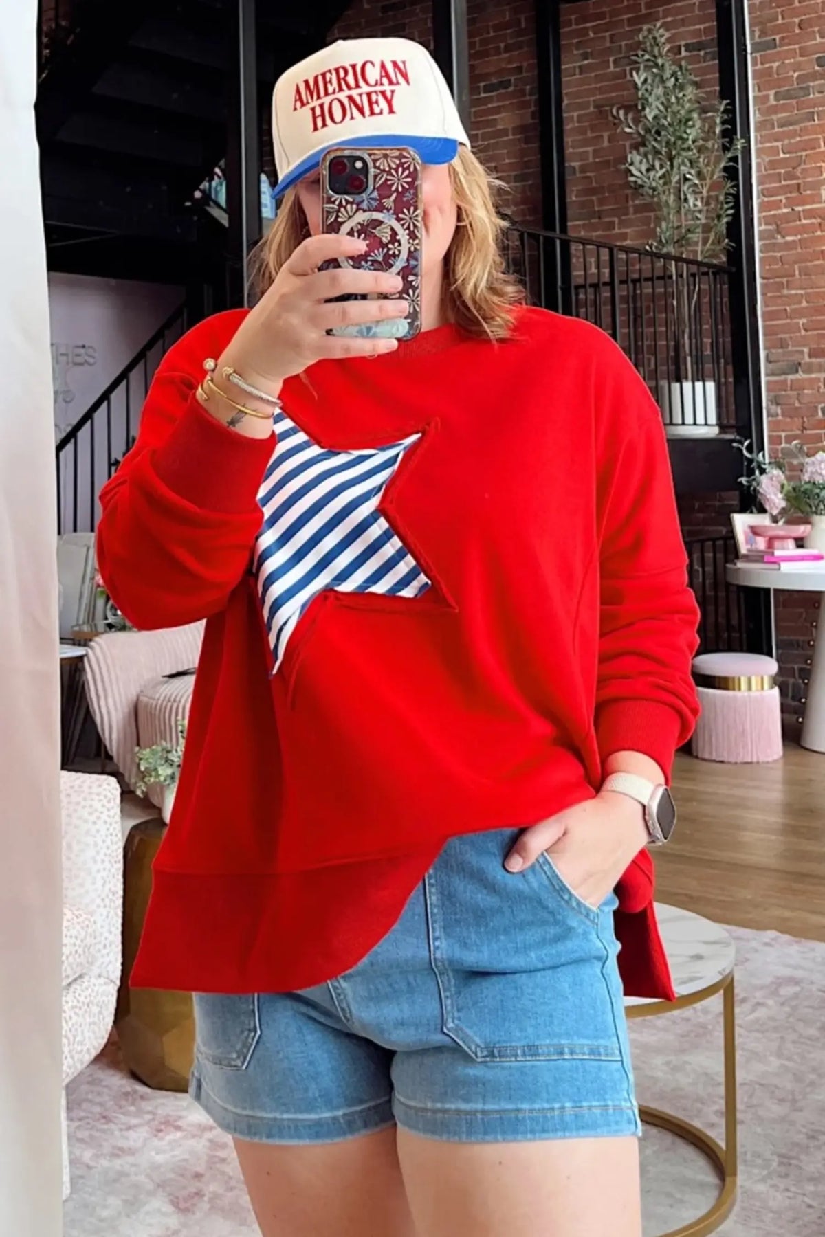 Patch Embroidery Star Colourblock Plus Size Sweatshirt – Fiery Red