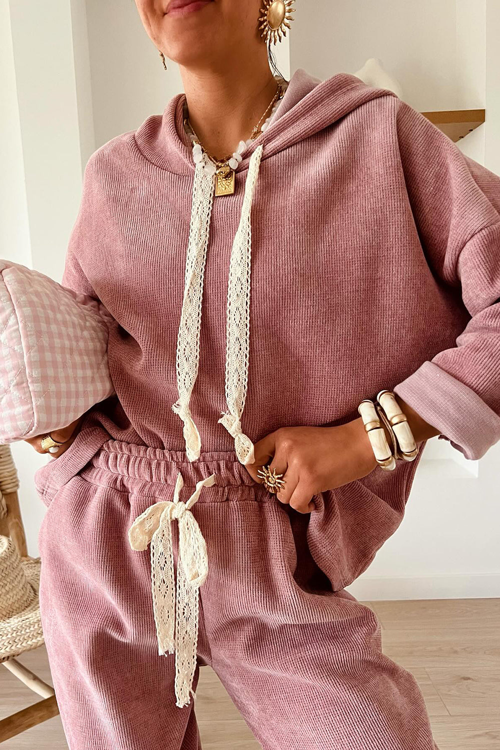 Pullover Hoodie and High Waist Bottoms Soft Cord Co-ord Set - eAura