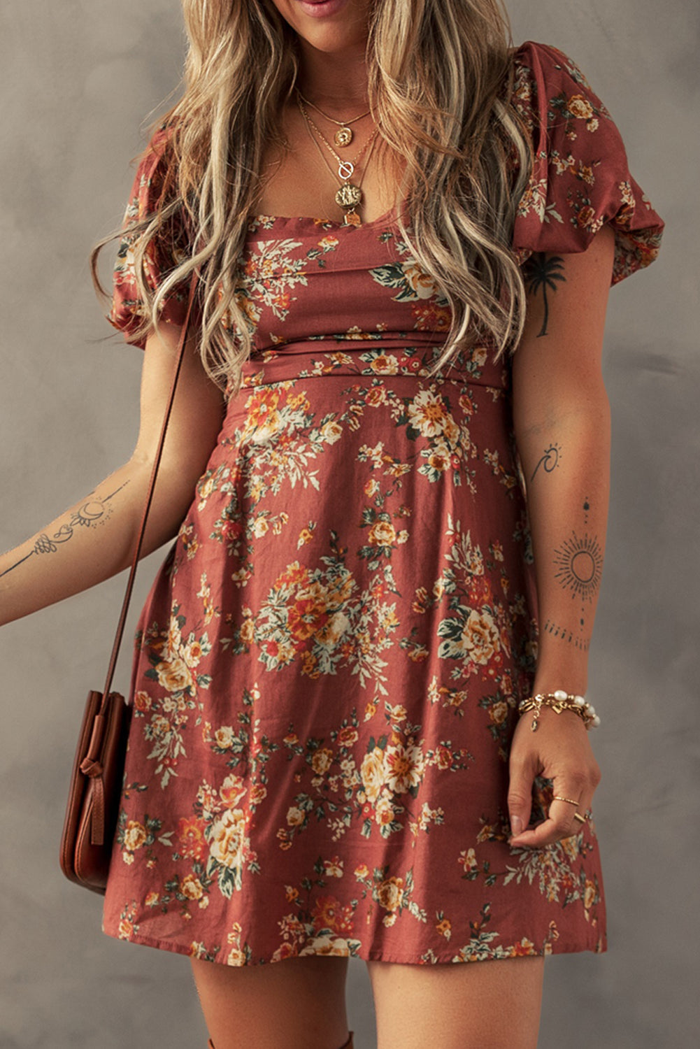 Floral Puff Sleeve Square Neck Knot Open Back Mini Dress eAura