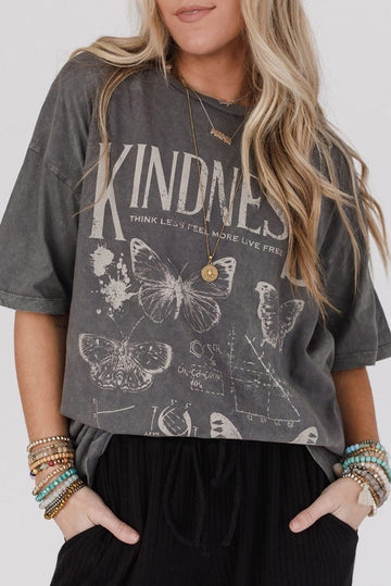 Dark Grey Kindness Butterflies Graphic Mineral Wash Loose Tee eAura