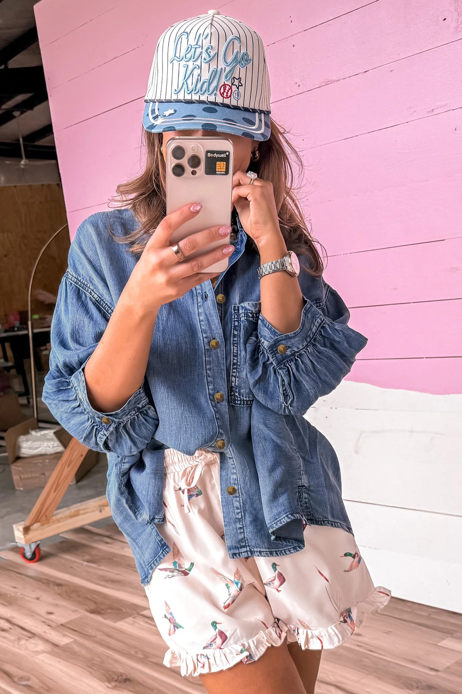 Three Quarter Sleeve Button Front Loose Denim Shirt – Dusk Blue