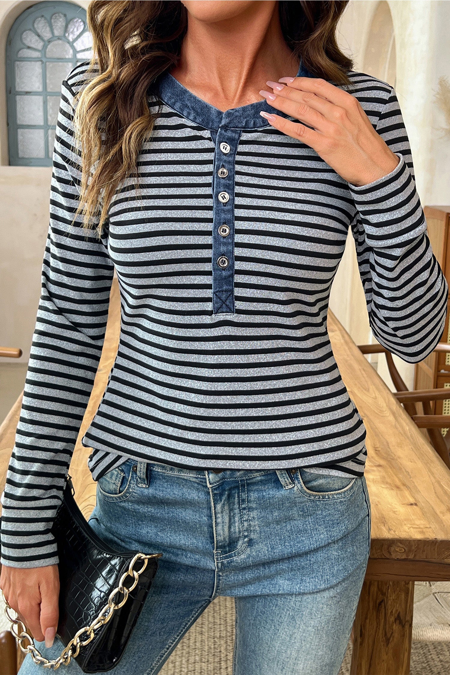 Denim Contrast Collar Half Button Long Sleeve Top – Gray Stripe