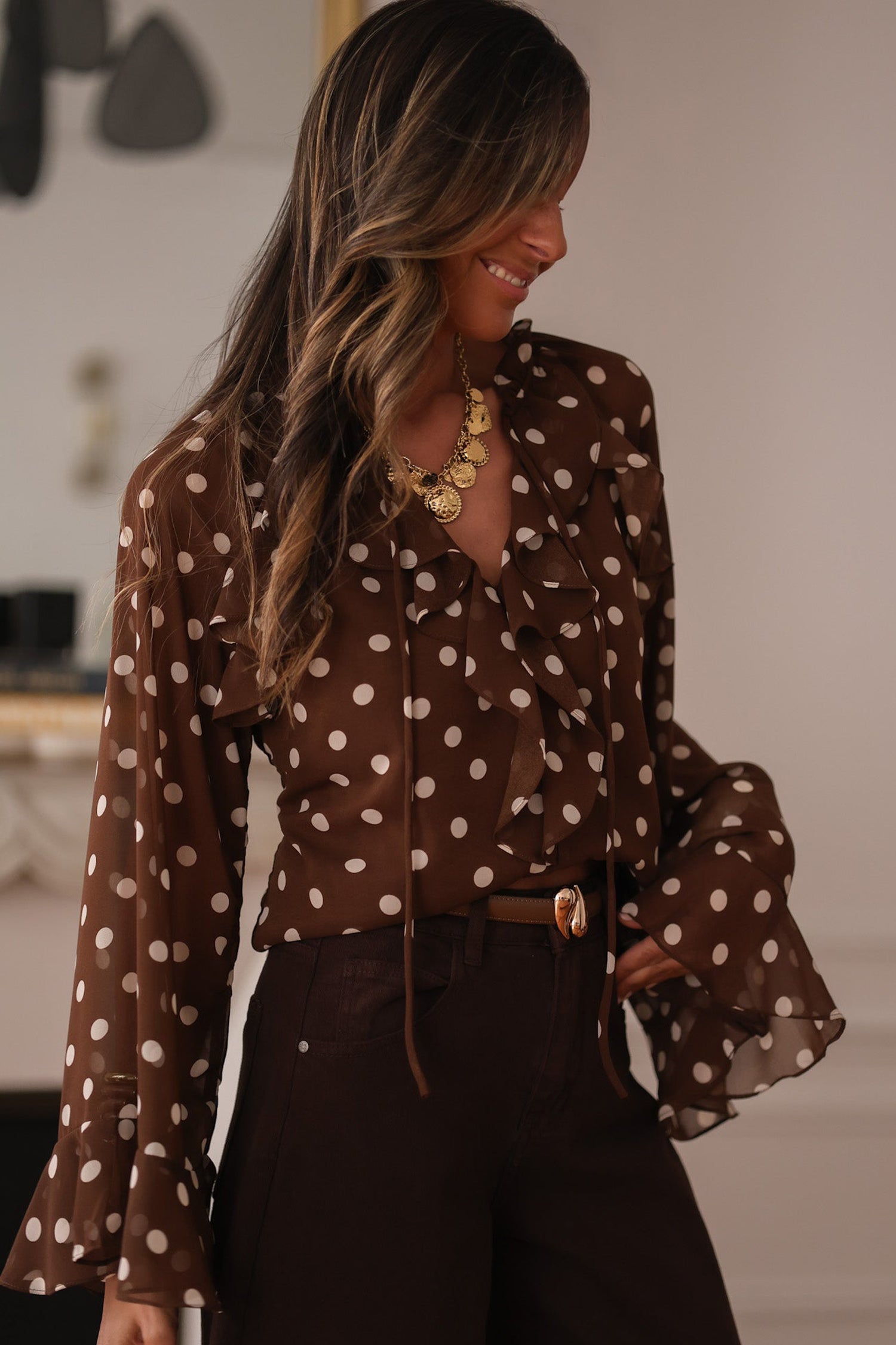 Polka Dot Print Ruffle Trim V-Neck Long Bell Sleeve Blouse