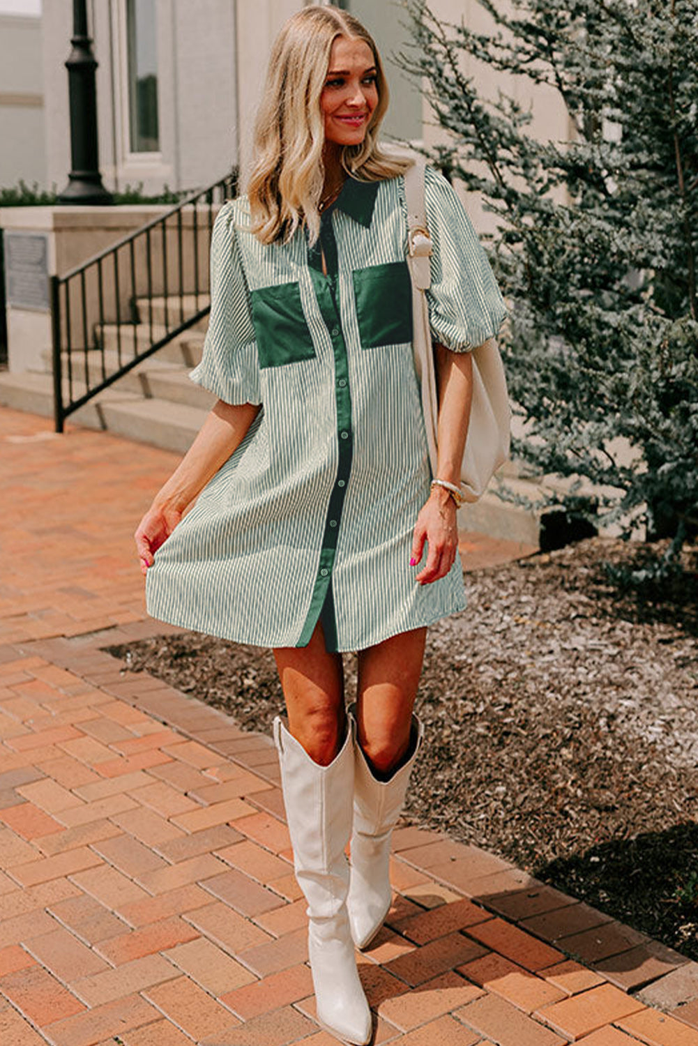 Green Patch Pockets Button Down Short Puff Sleeve Dress eAura