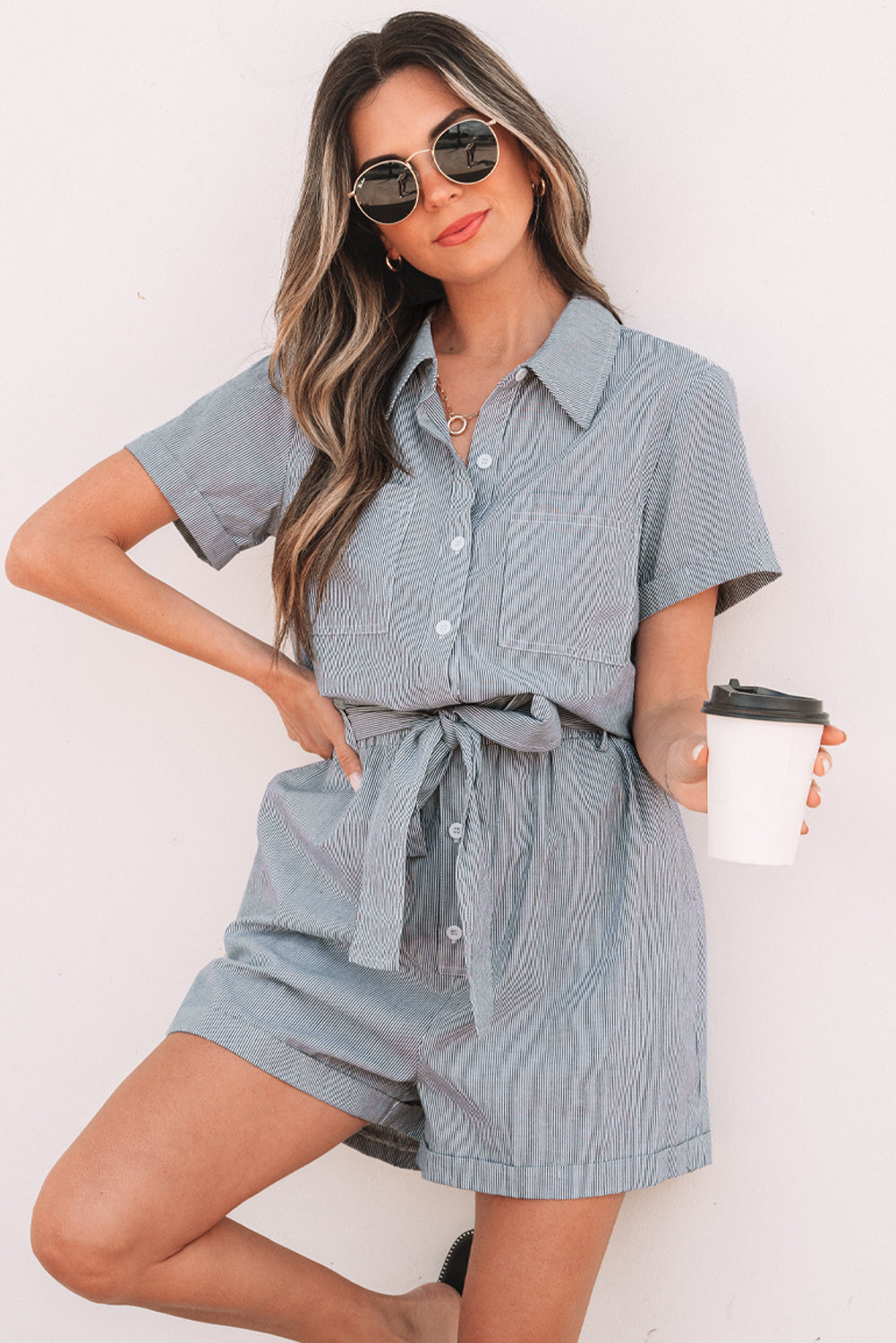 Blue Stripe Chest Pockets Buttoned Belted High Waist Romper eAura