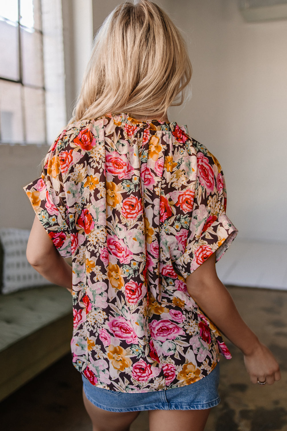 Pink Floral Print Crew Neck Short Sleeve Shift Blouse eAura