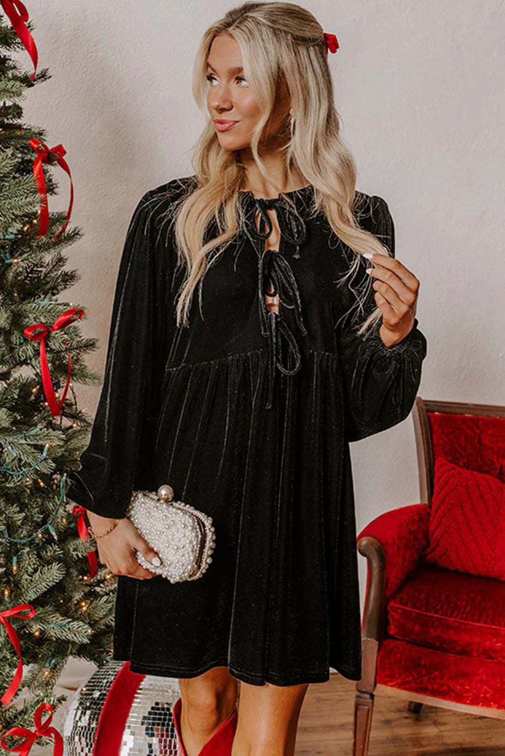 Front Tie Velvet Bubble Sleeve Mini Dress - eAura