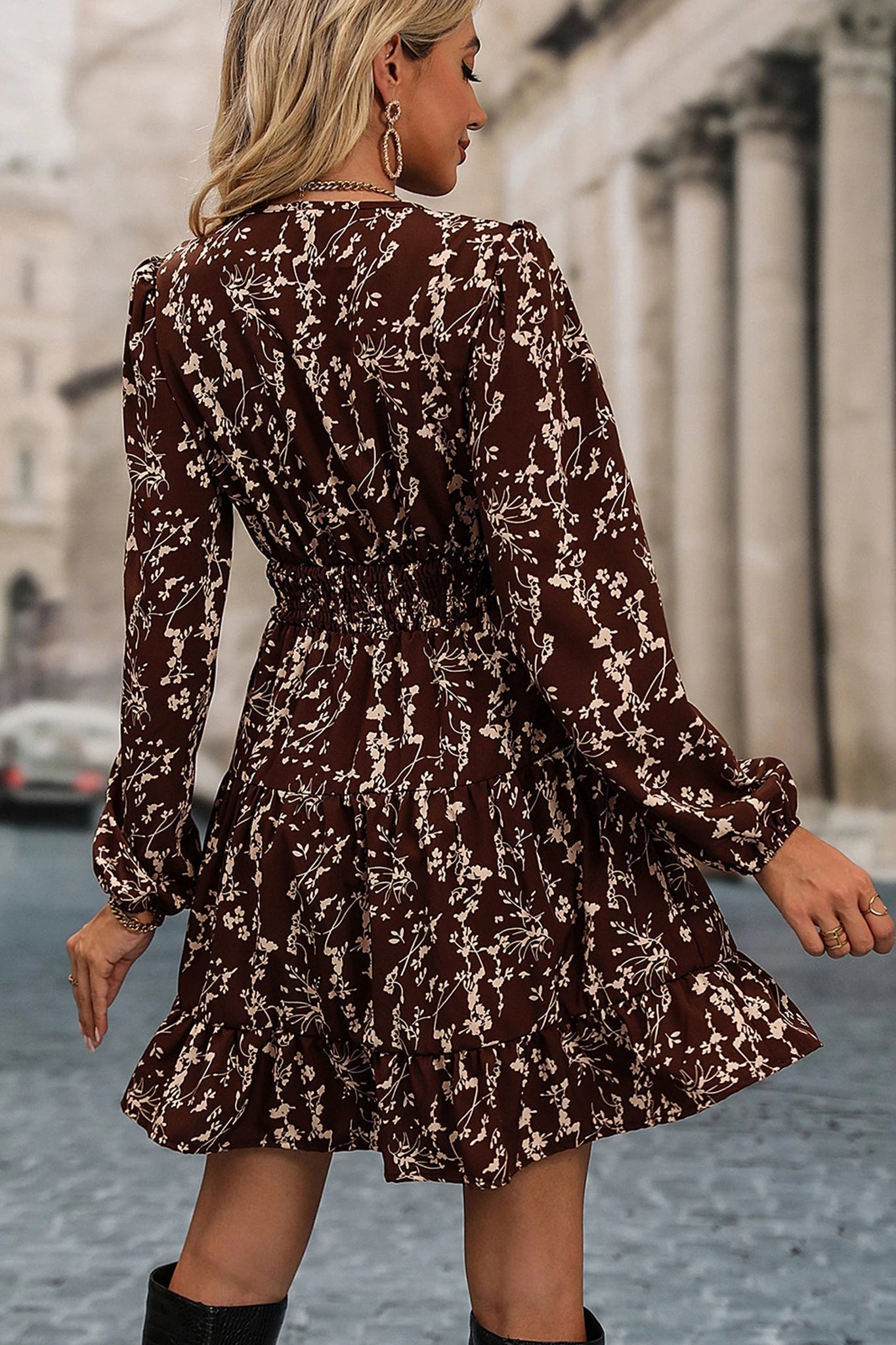 Ditsy Floral Print Split Neck Long Sleeve Shirred Waist Flared Mini Dress - eAura
