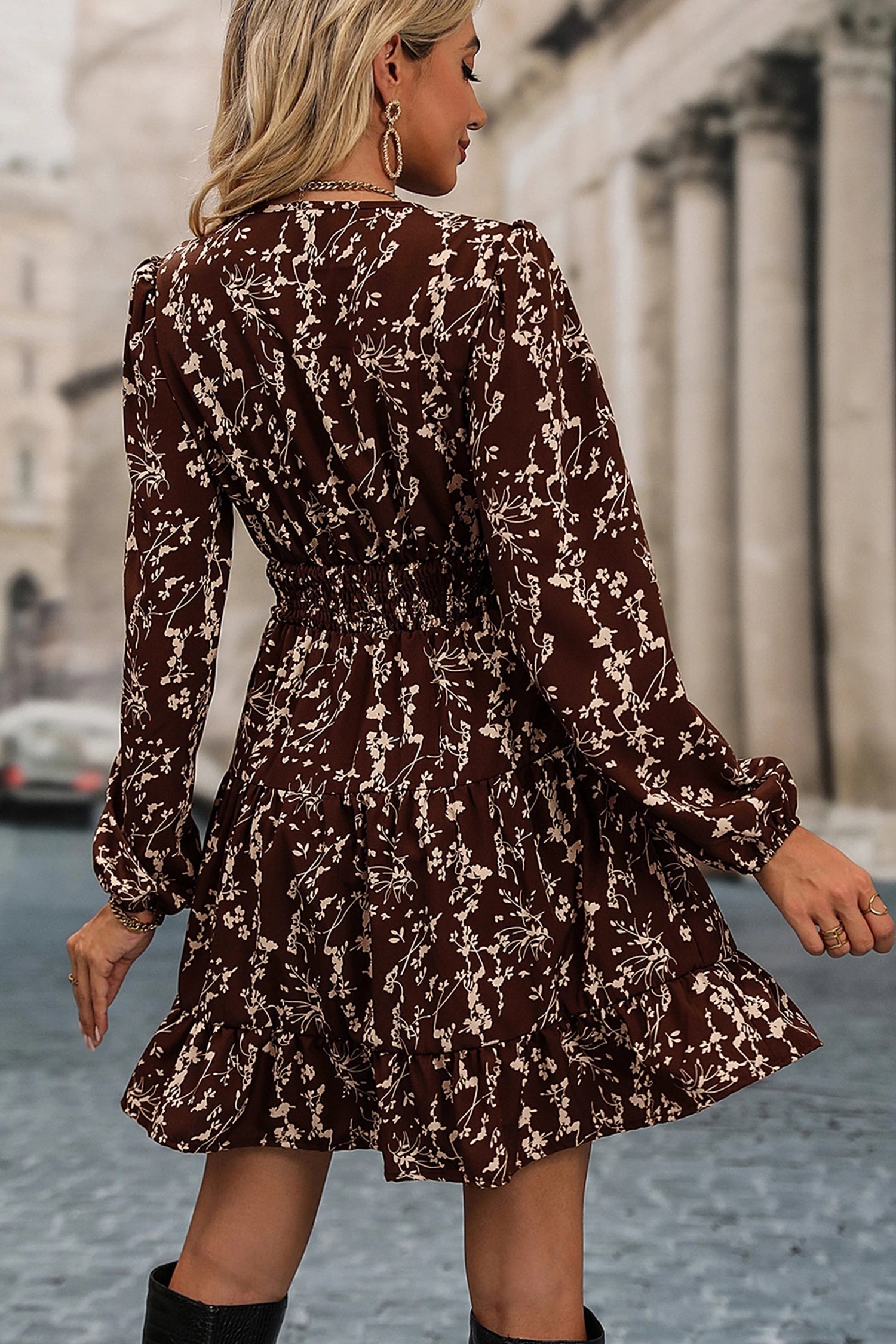 Ditsy Floral Print Split Neck Long Sleeve Shirred Waist Flared Mini Dress - eAura