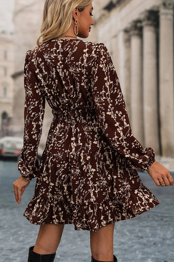 Ditsy Floral Print Split Neck Long Sleeve Shirred Waist Flared Mini Dress - eAura