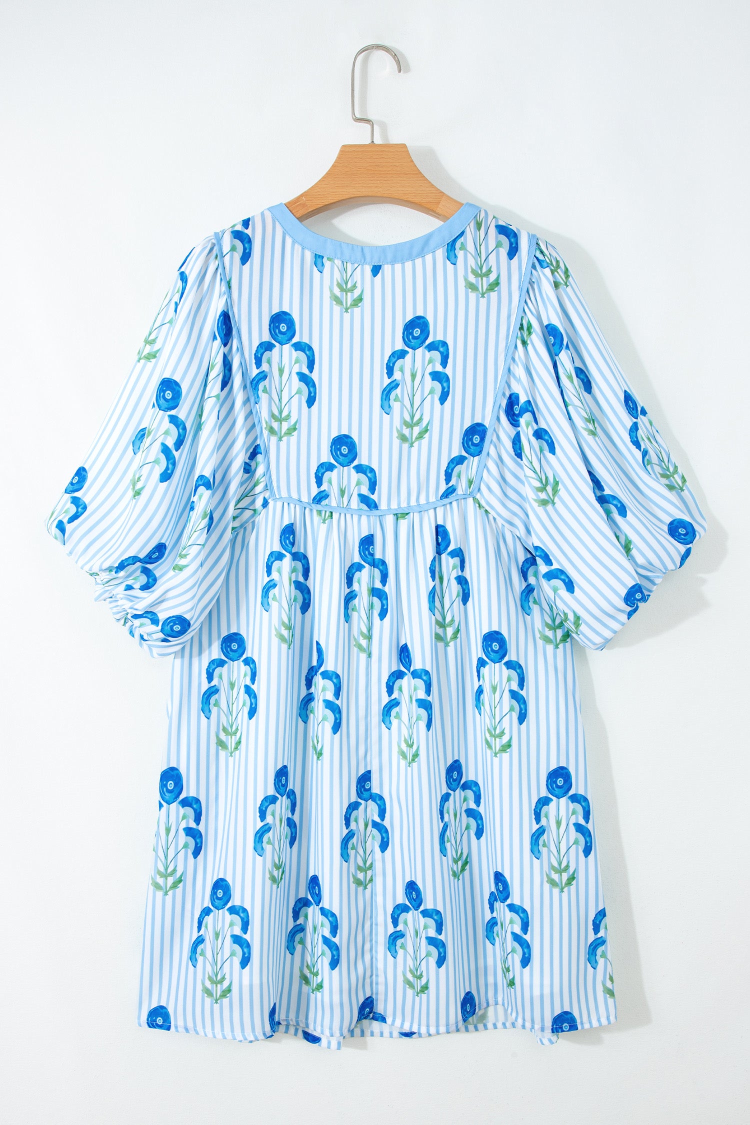 Floral Striped Tie Neck Puff Sleeve Mini Dress – Light Blue & Pink