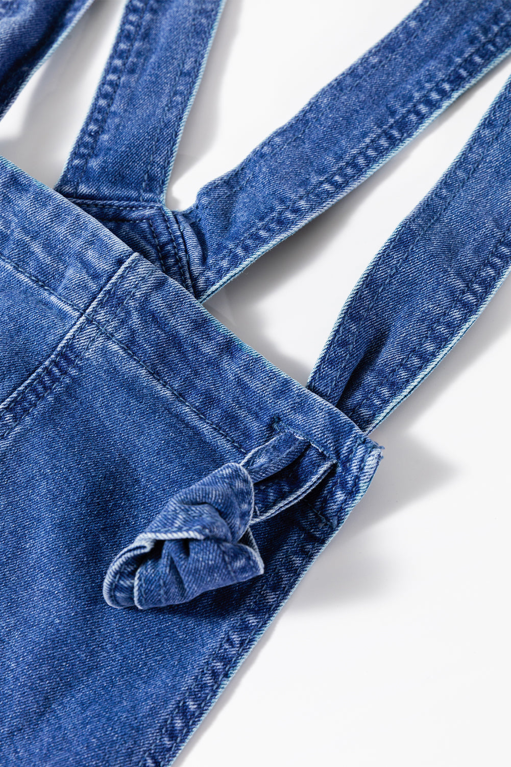 Blue Mineral Wash Knot Strap Patched Pocket Wide Leg Denim Overalls Dungarees BB Fashion Outlet
