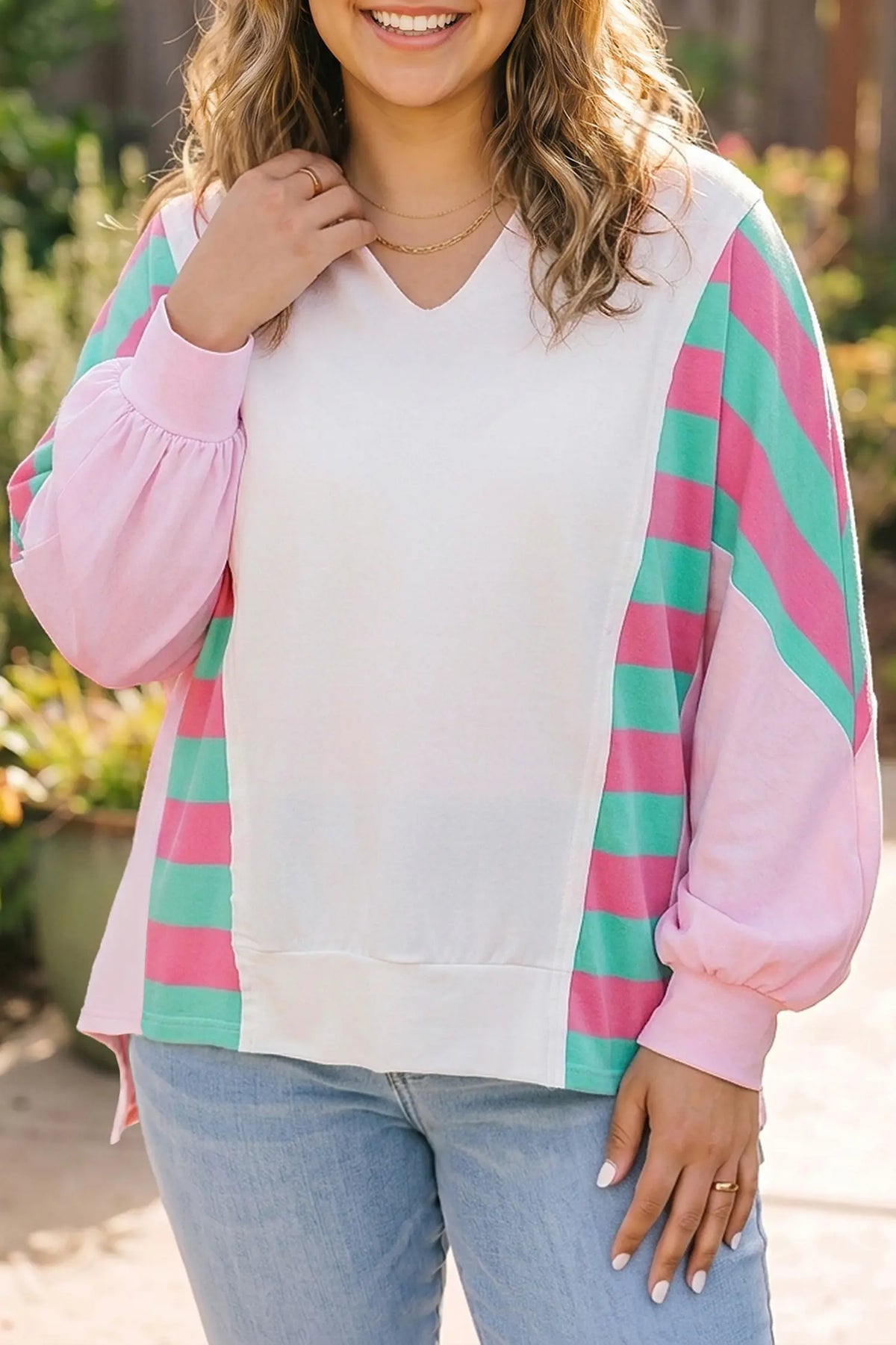 Striped Colourblock V Neck Shift Long Sleeve Plus Size Blouse – White