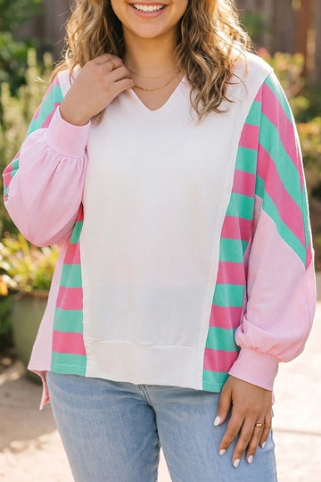 Striped Colourblock V Neck Shift Long Sleeve Plus Size Blouse – White