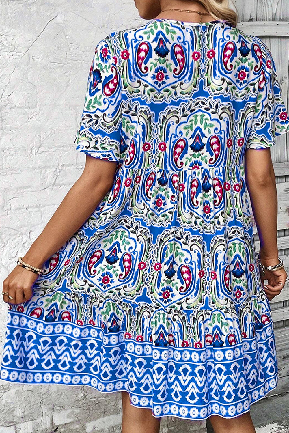 Pink Bohemian Print Tie Neck Ruffle Hem Short Dress eAura