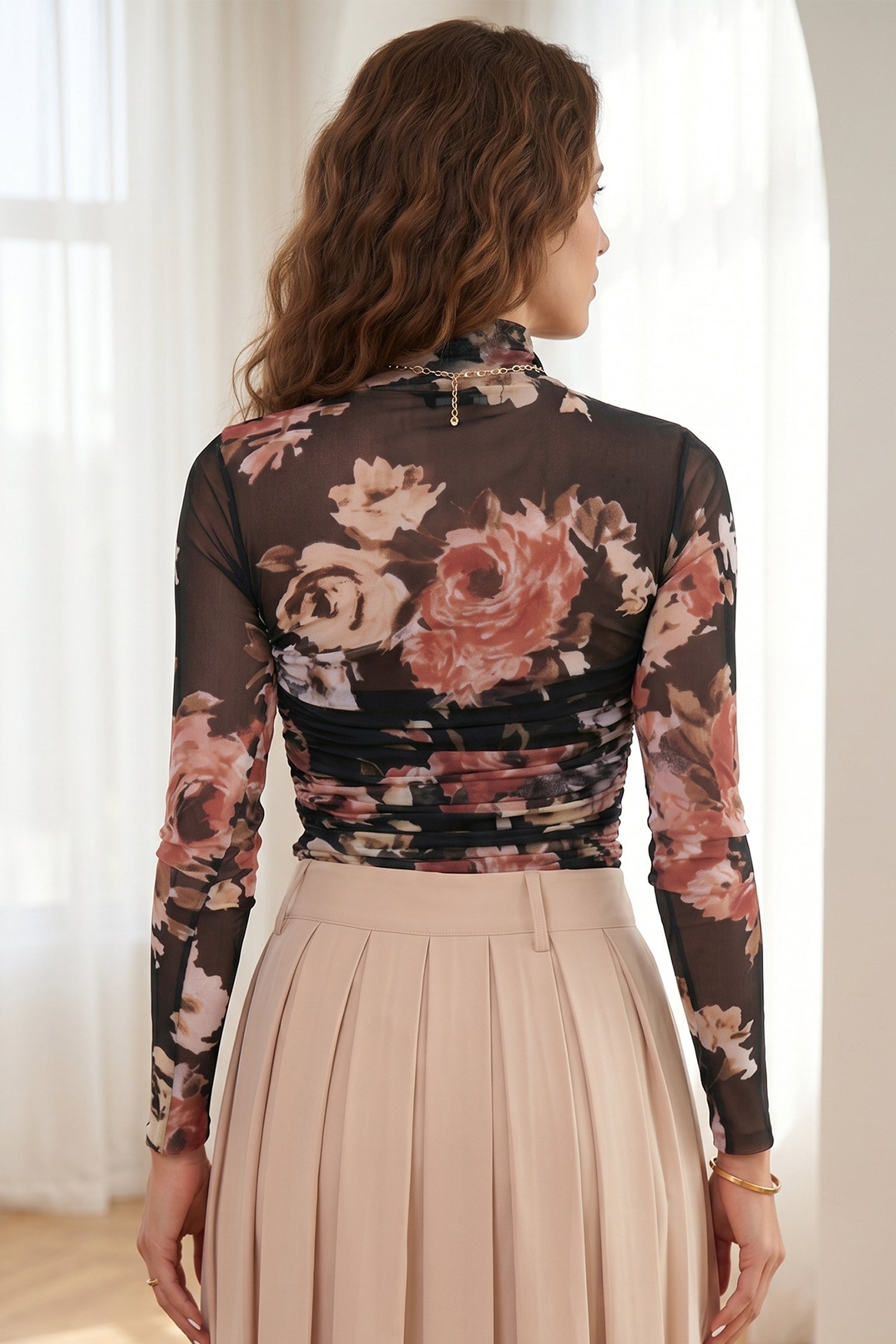 Floral Mesh Long Sleeve High Neck Bodysuit – Brown