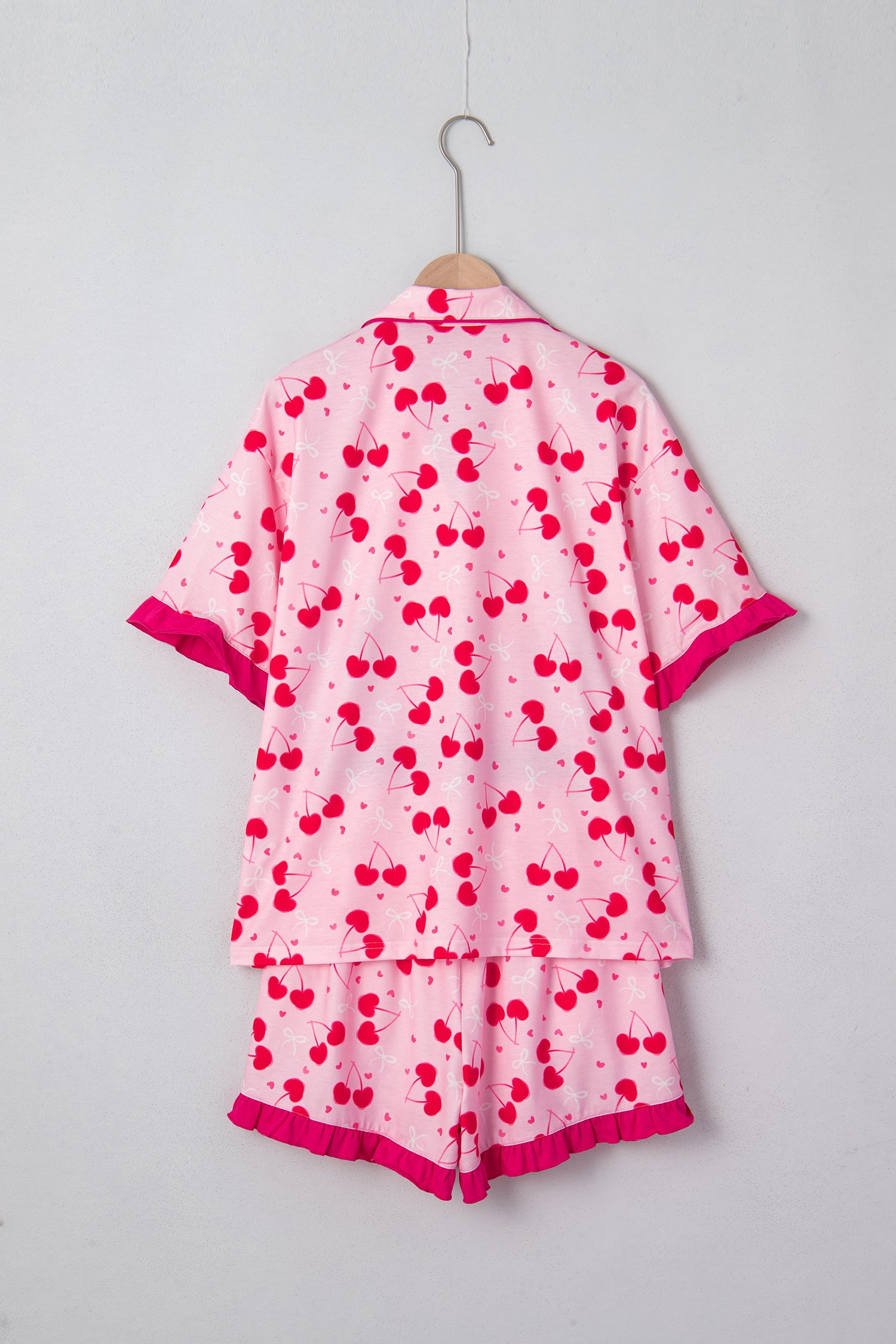 Cherry Bow Mixed Print Scalloped Edge Short Pajama Set – Rose