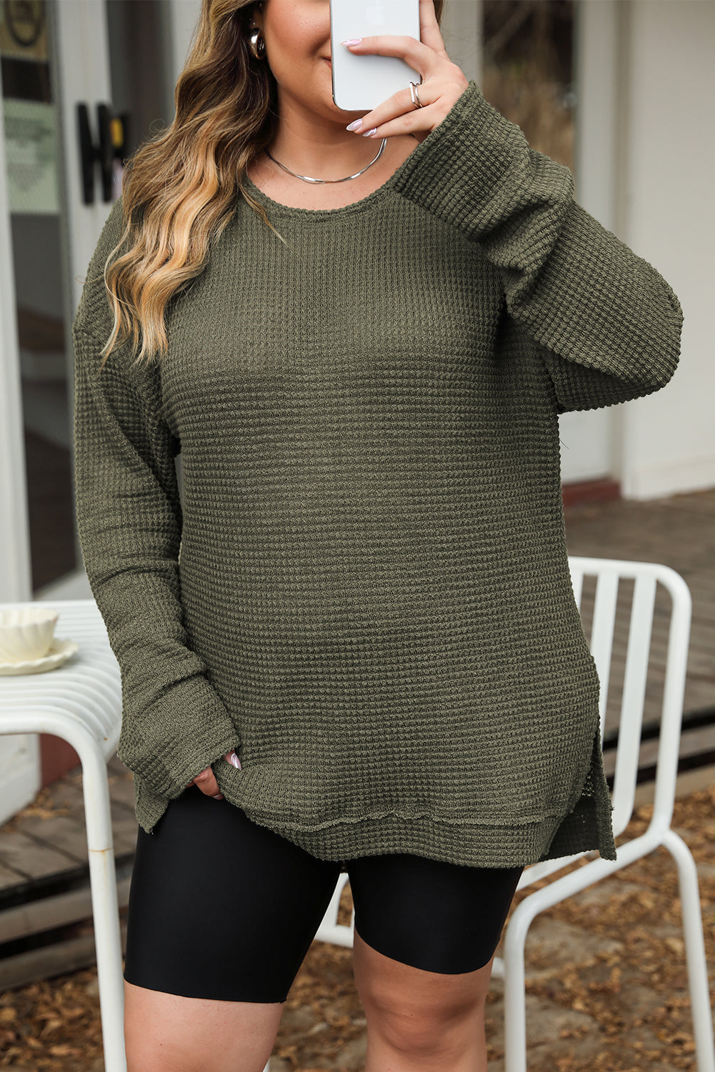 Moss Green Plus Size Textured Knit Long Sleeve Top BB Fashion Outlet